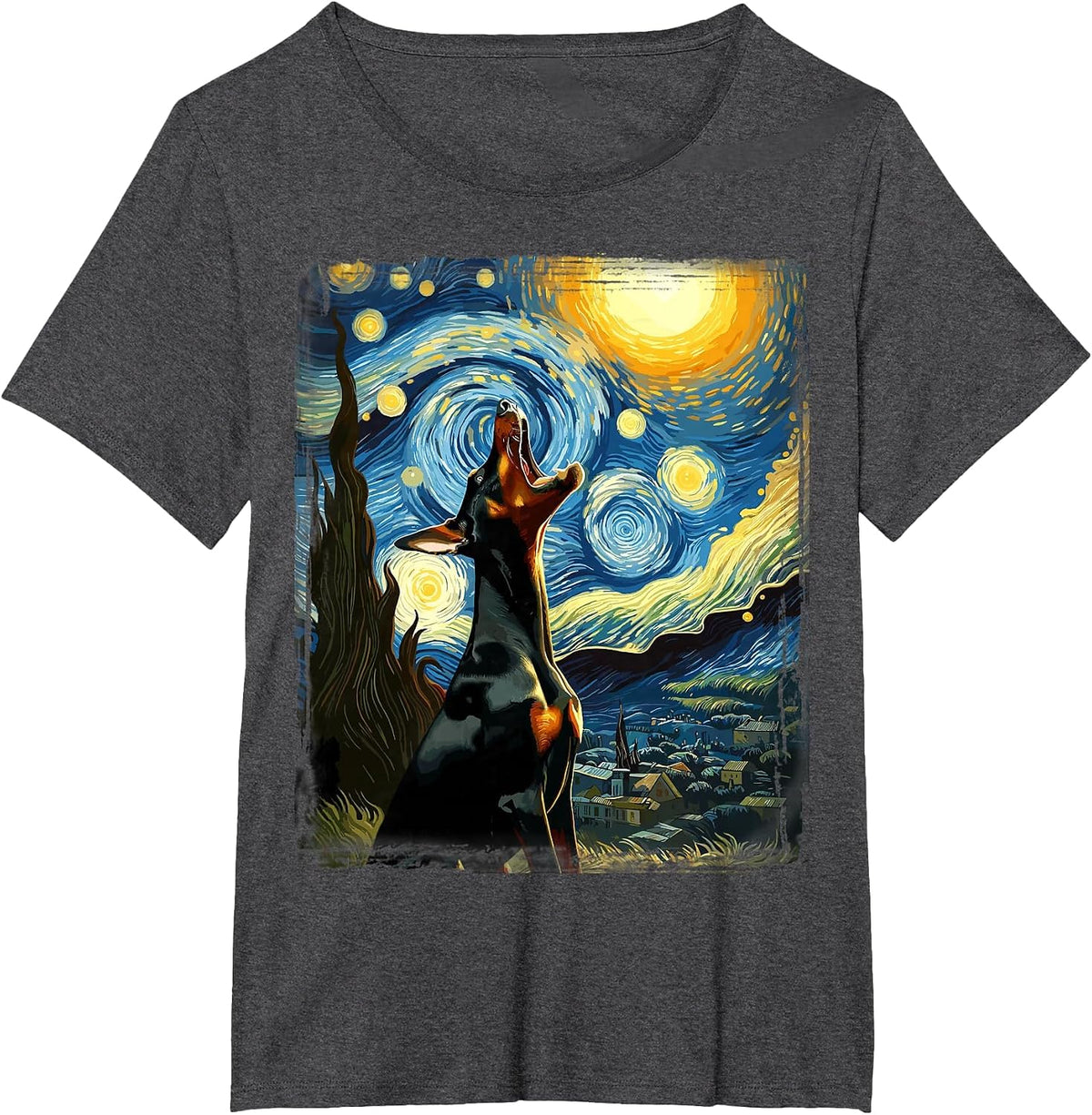 Doberman Pinscher Canine Art Van Gogh Starry Night Doberman T-Shirt - Dark Heather Grey