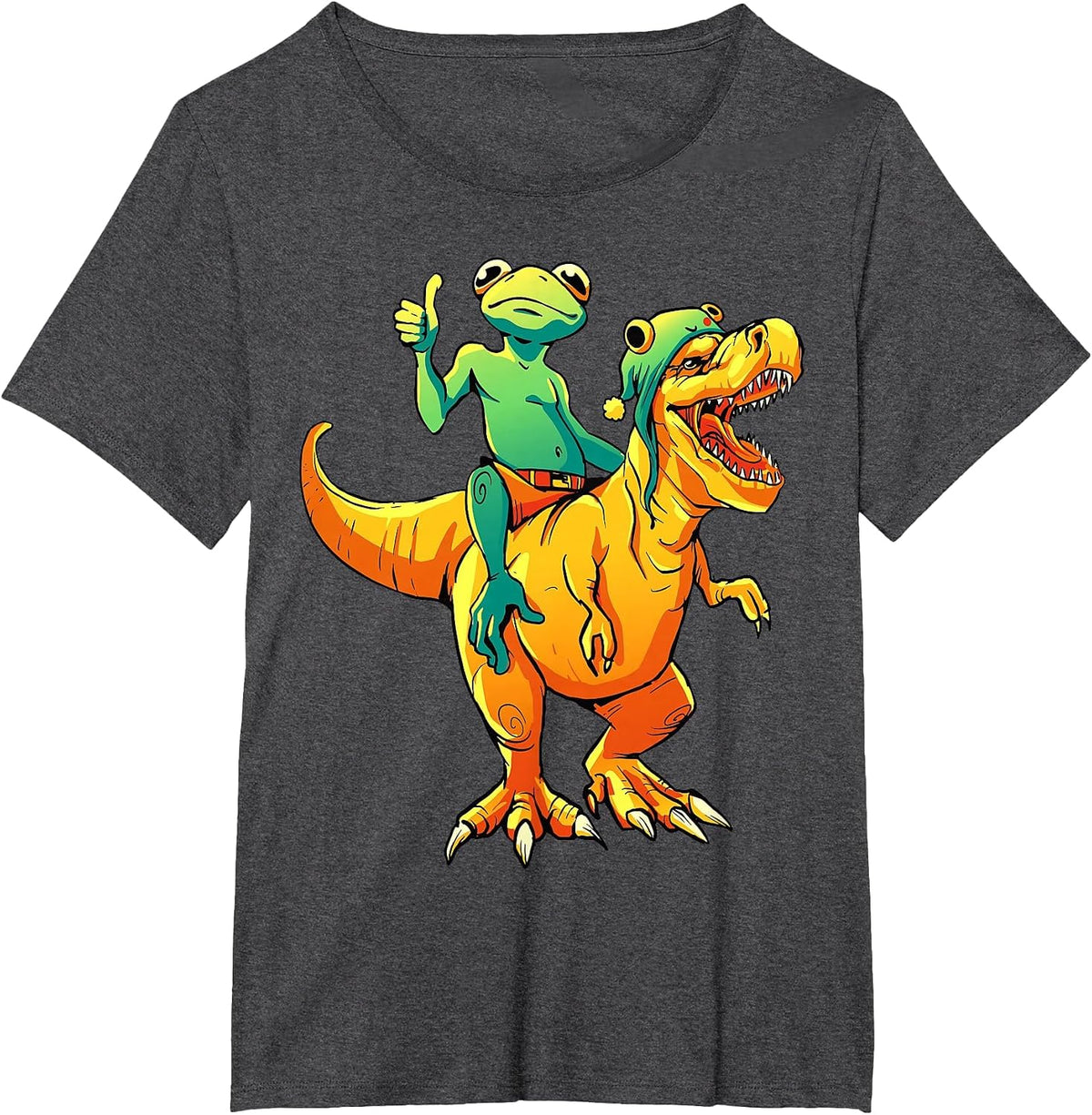 Frog on Dinosaurs Animal Lover Funny Design T-Shirt - Dark Heather Grey