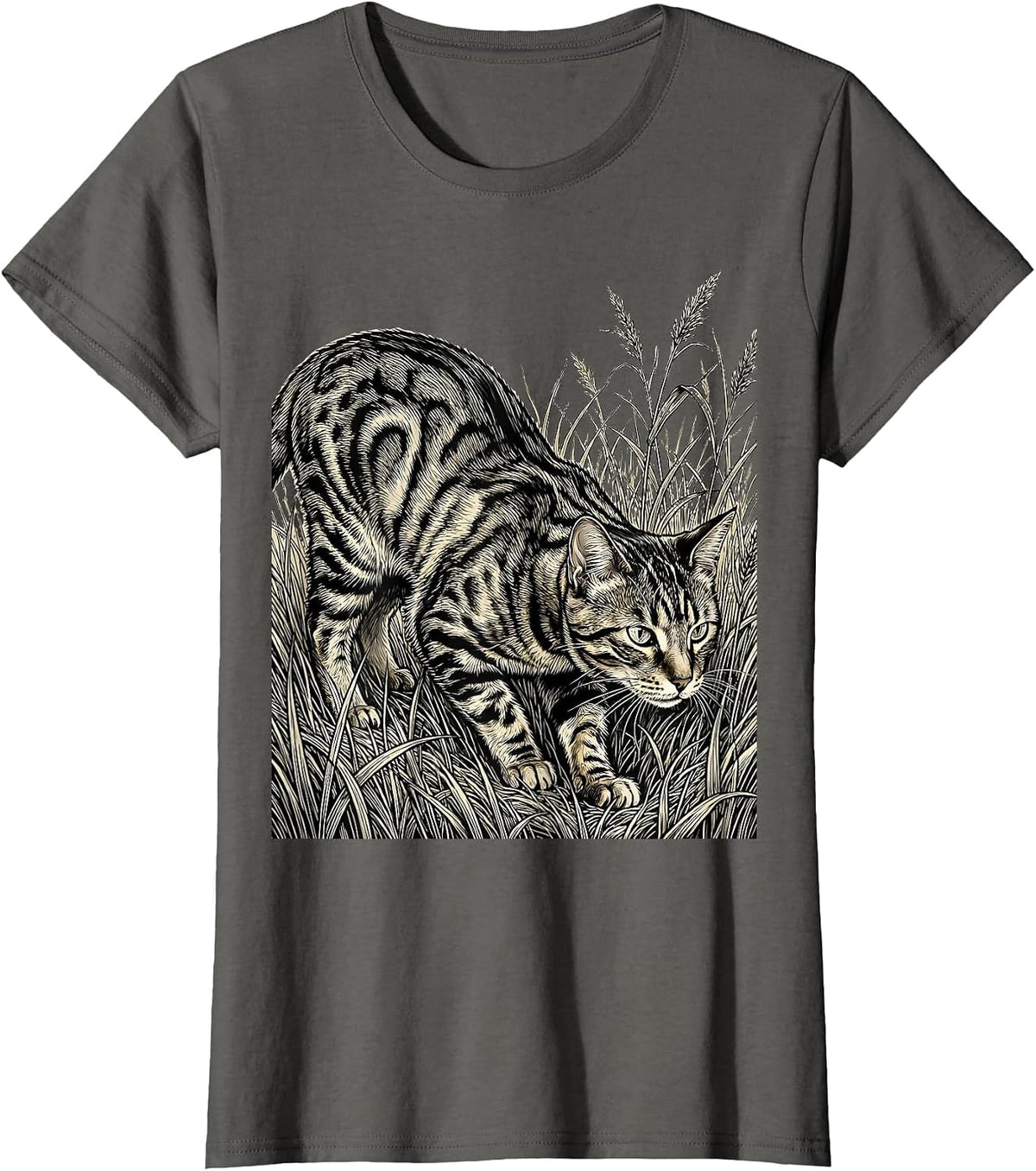 Women's Bengal Cat Stalking Through Tall Grass Illustration T-Shirt - Asphalt Grey