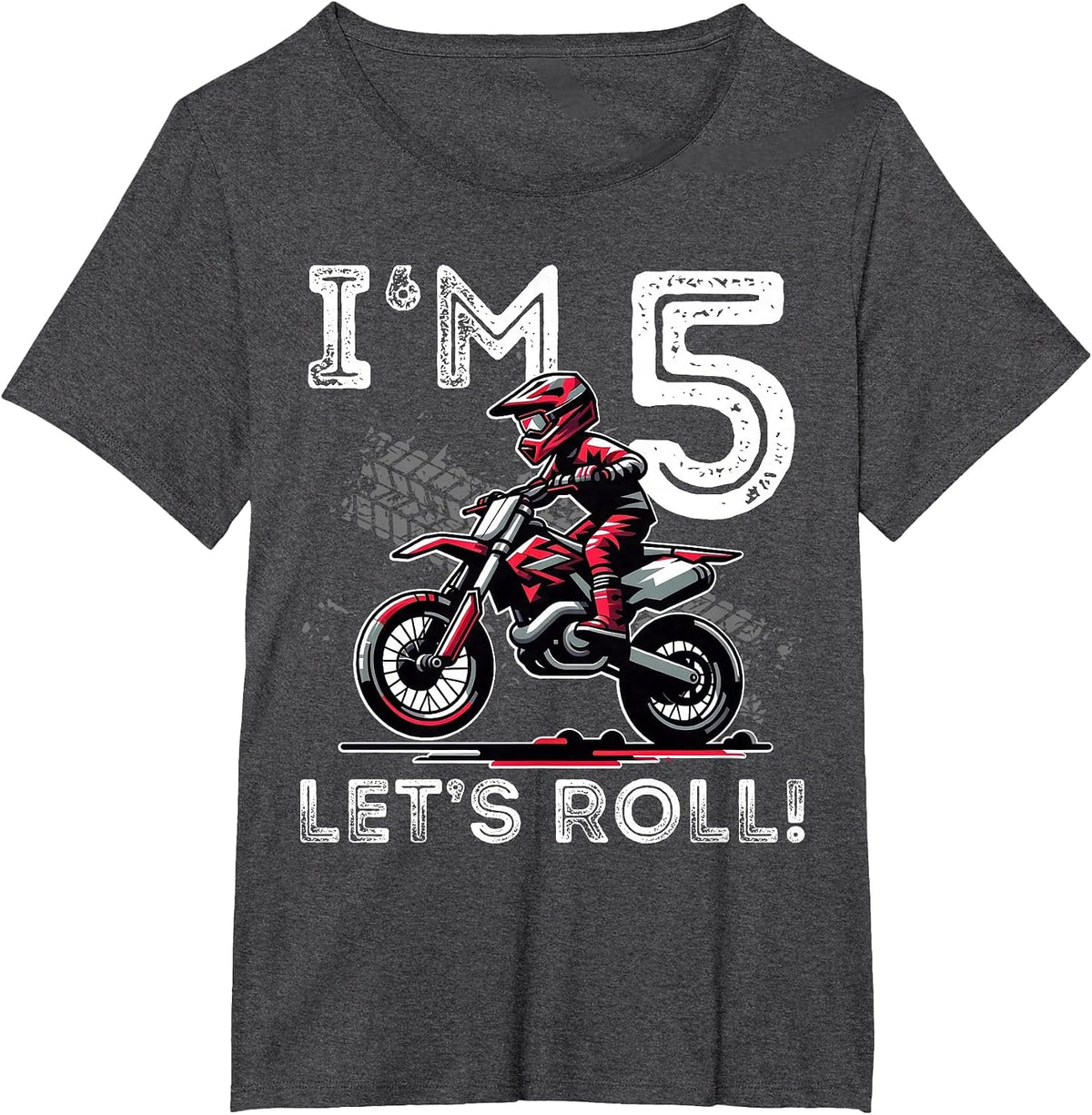 Kids I'm 5 Let's Roll 5th Birthday Dirt Bike Motocross Boys T-Shirt - Dark Heather Grey