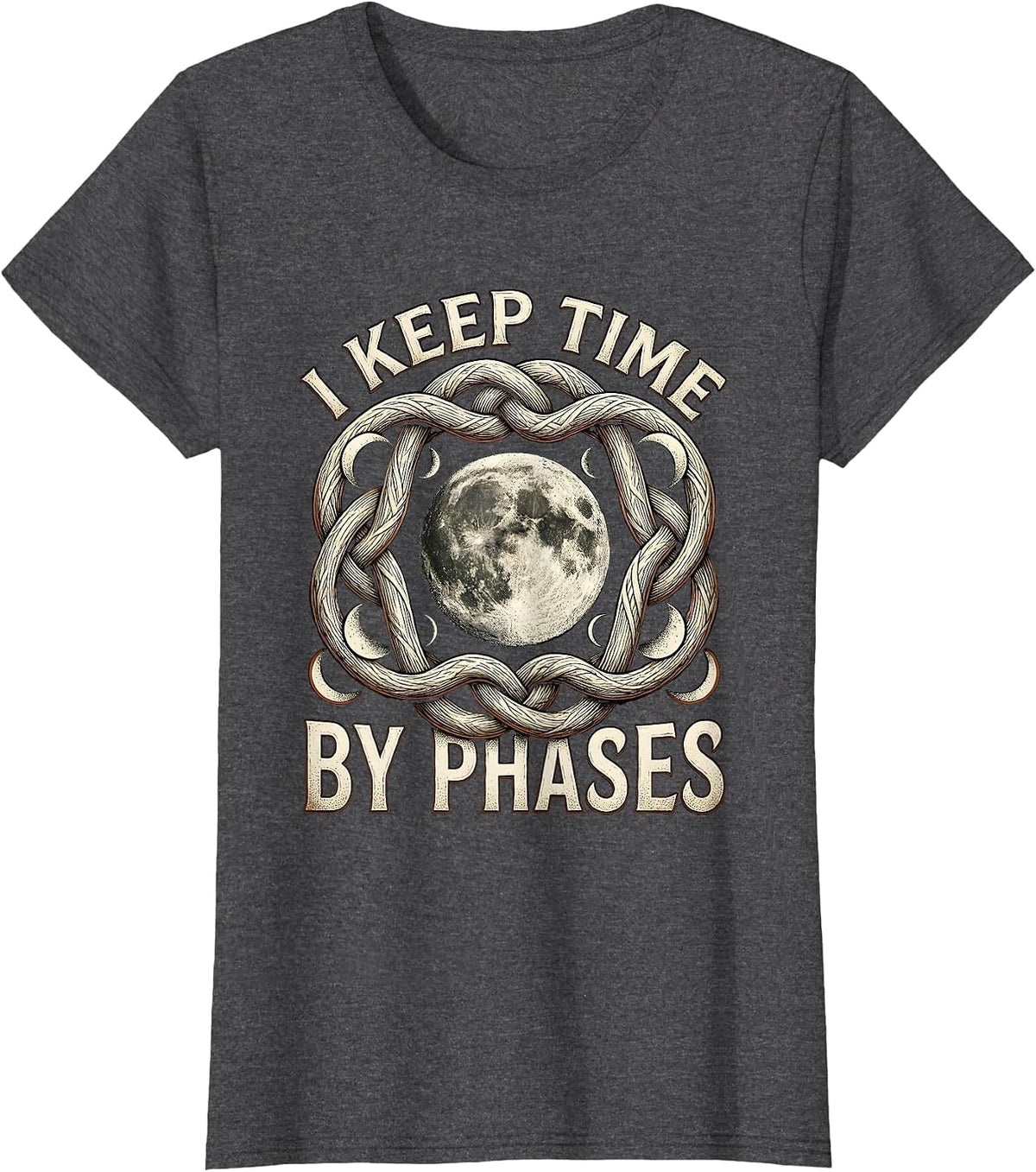 Women's I Keep Time By Phases Celestial Astronomy Boho Moon Phase T-Shirt - Dark Heather Grey