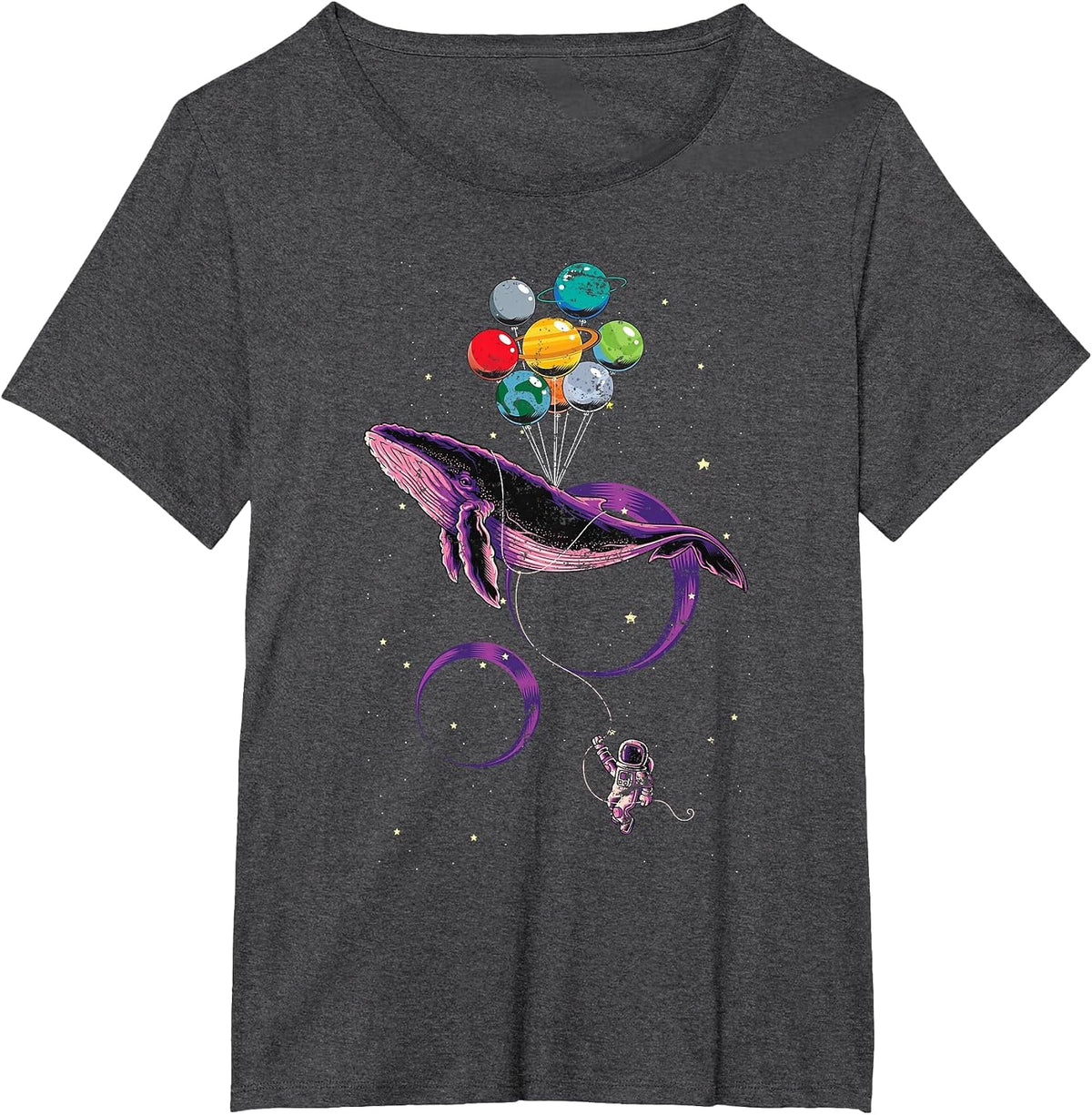 Solar System Planets Balloon Blue Whale Space Astronaut T-Shirt - Dark Heather Grey