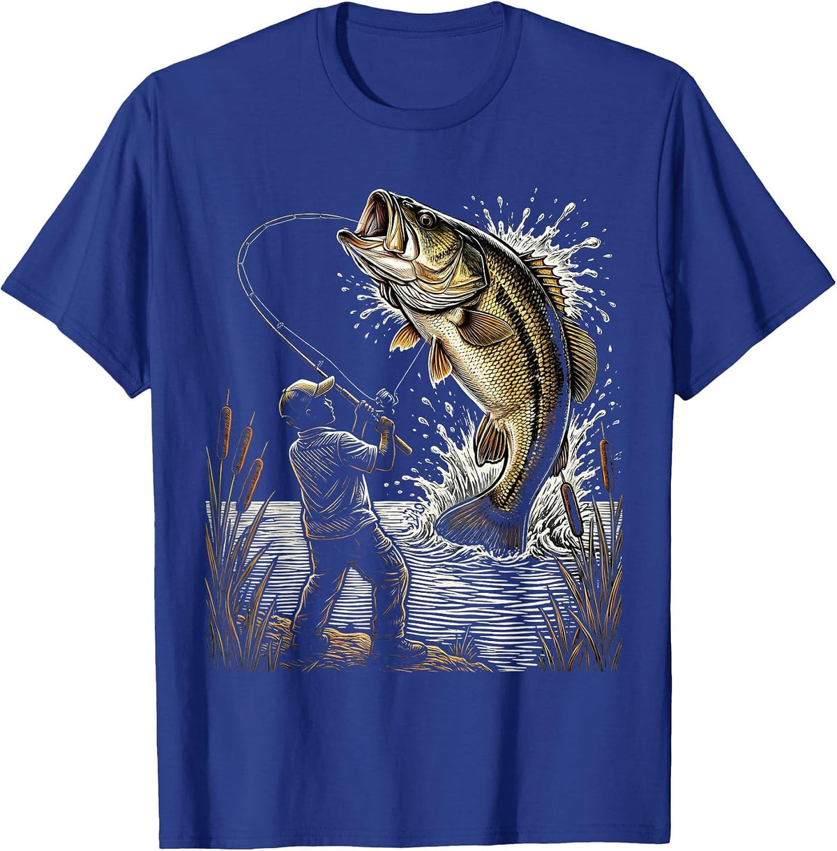 Men's Kids Fishing Reeling In Giant Bass Graphic T-Shirt - Royal Blue