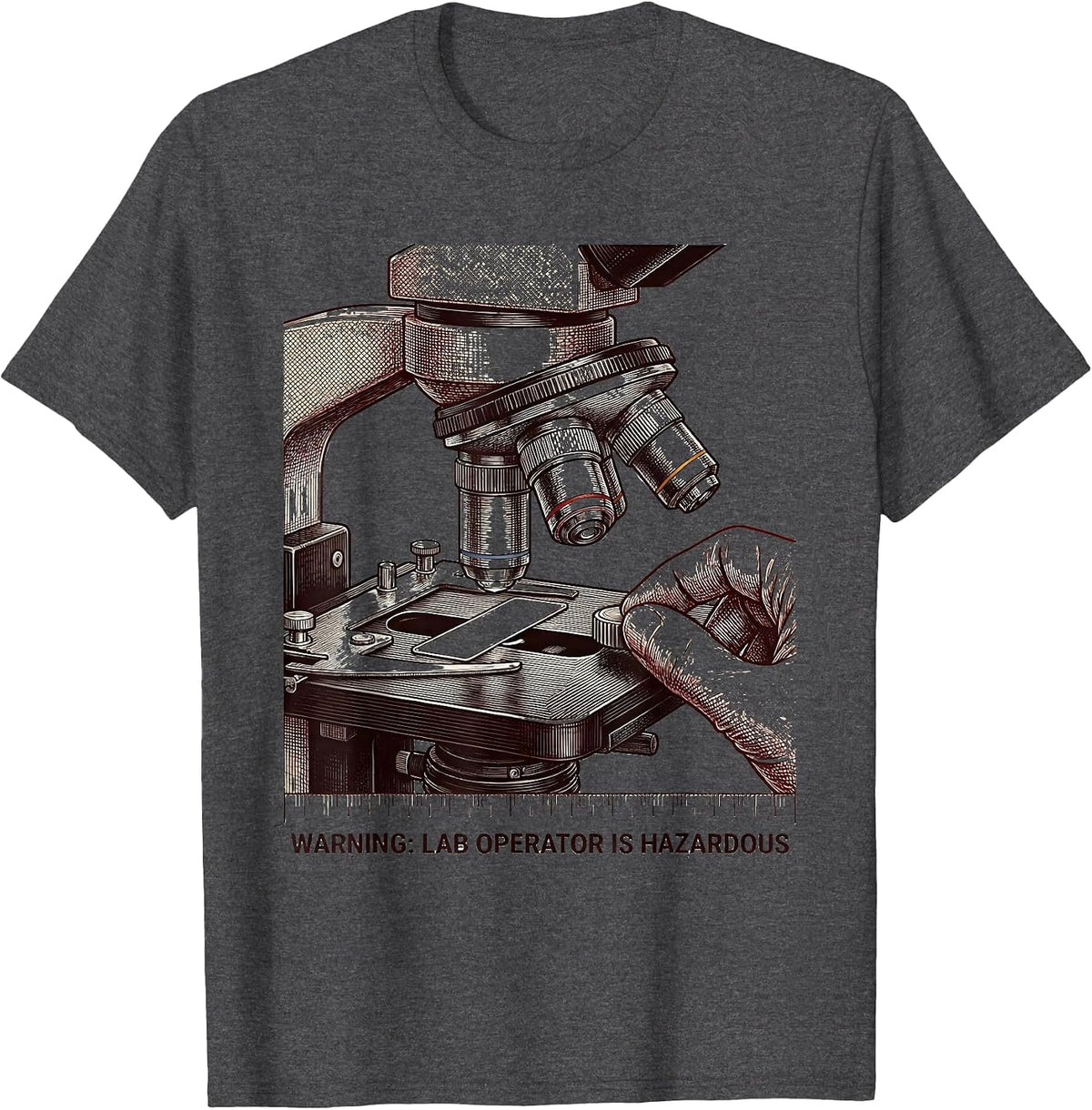 Men's WARNING: LAB OPERATOR IS HAZARDOUS Funny Science Teacher Lab T-Shirt - Dark Heather Grey