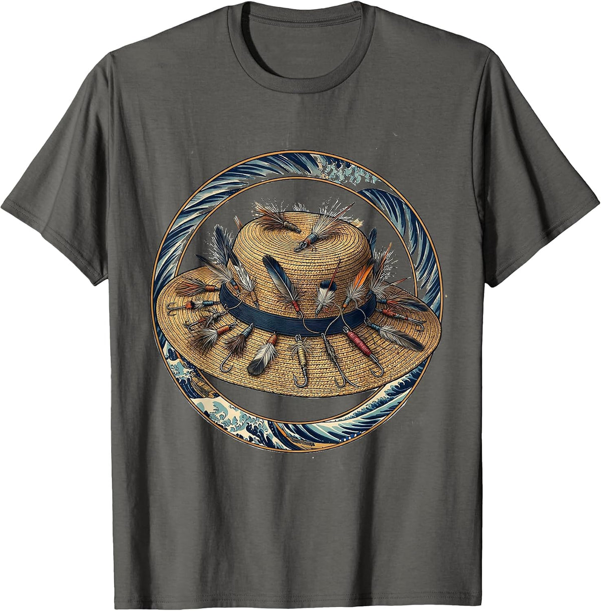 Fly Fishing Hat Lures Illustration T-Shirt - Asphalt Grey