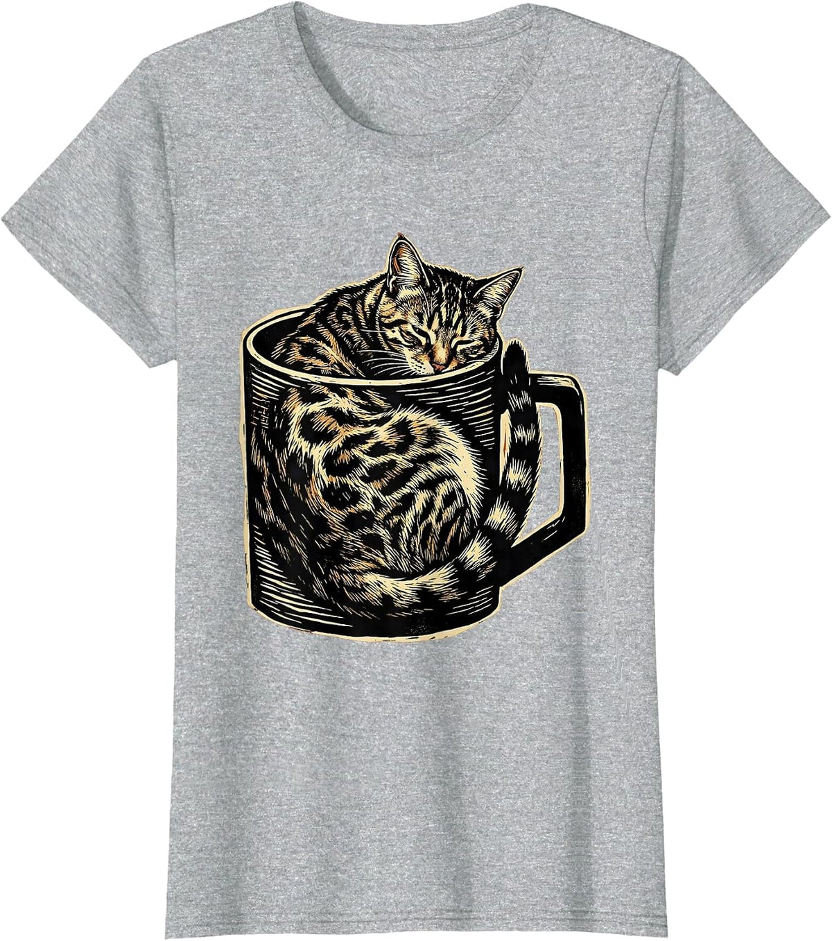 Women's Bengal Cat Curled in Coffee Mug Cute Cozy Design T-Shirt - Heather Grey