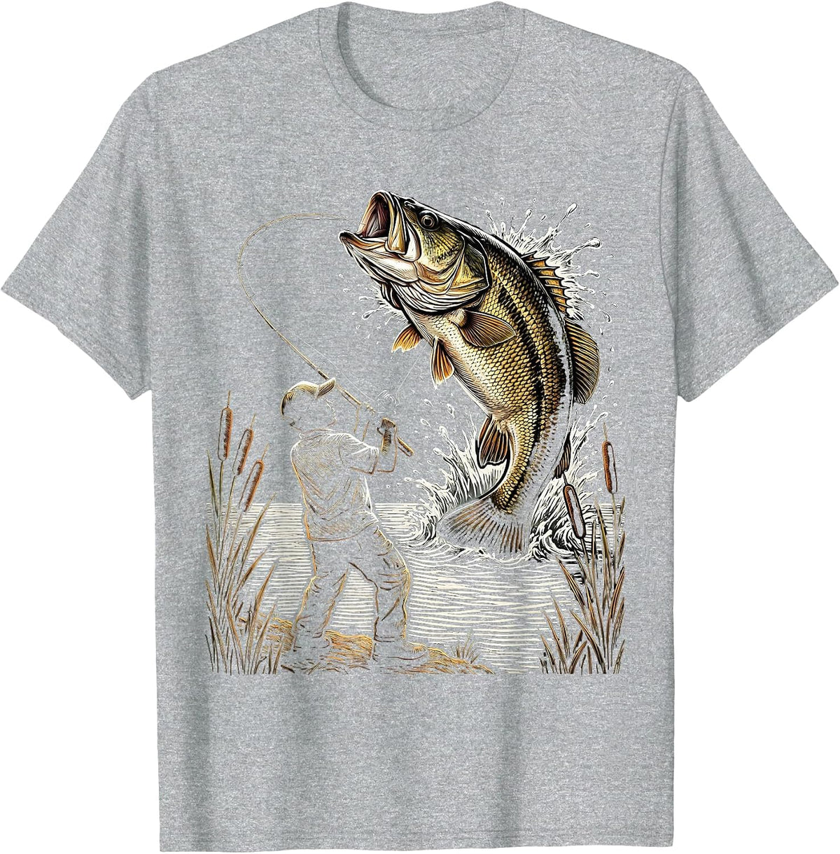 Men's Kids Fishing Reeling In Giant Bass Graphic T-Shirt - Heather Grey