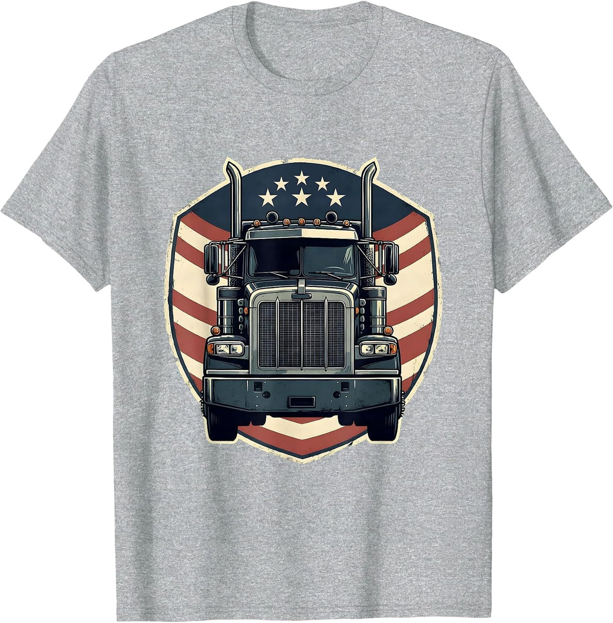 Men's Semi Truck Crest American Flag Patriotic Driver T-Shirt - Heather Grey