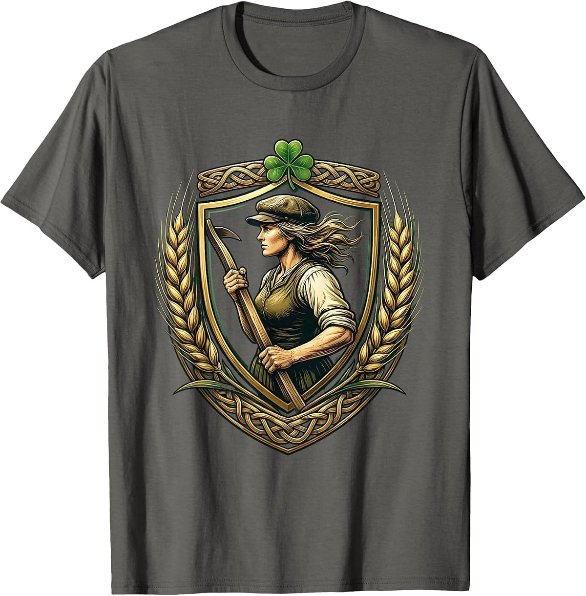 Irish Woman Farmer Plow Illustration T-Shirt - Asphalt Grey