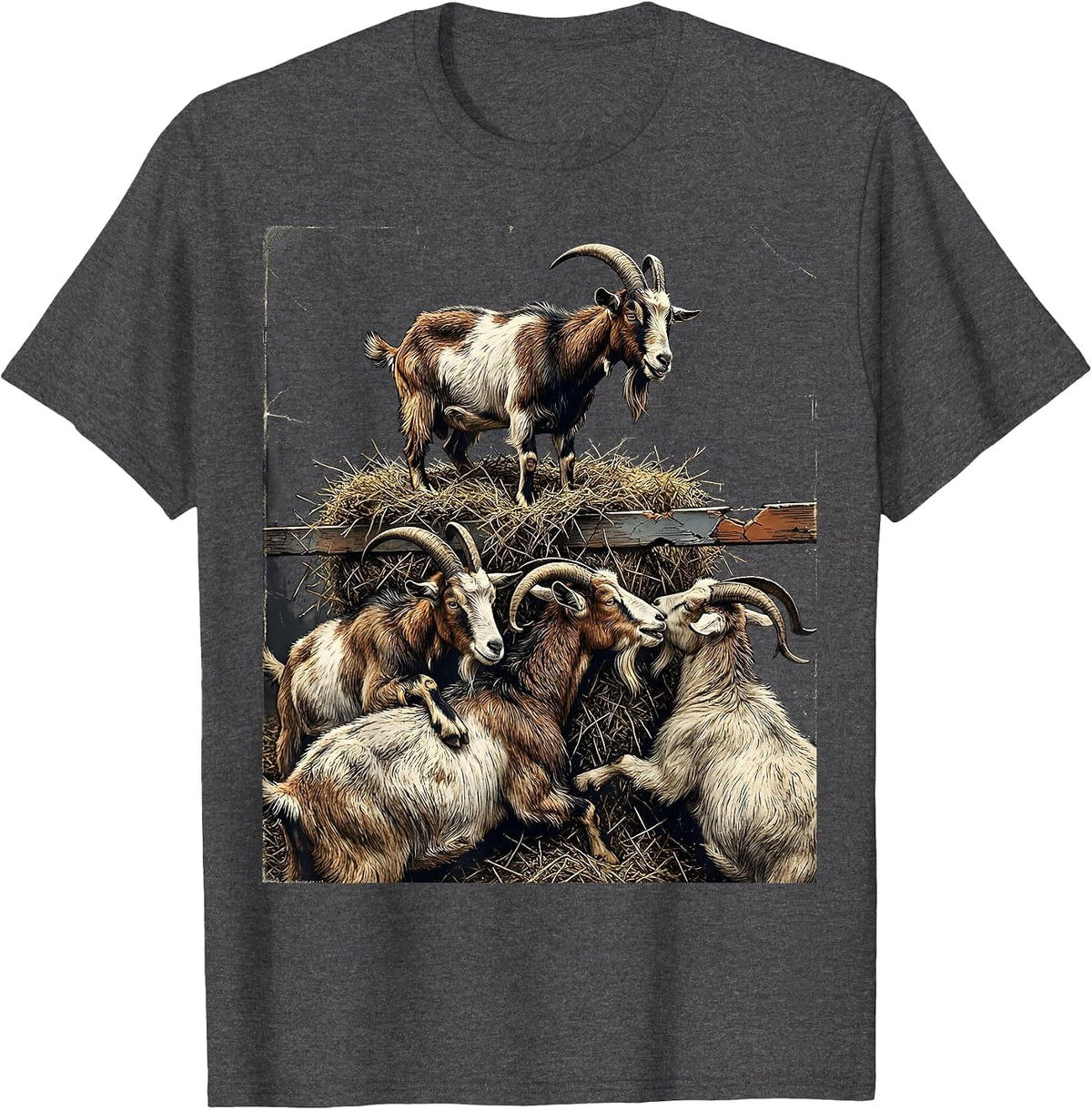 Men's Five Goats Distressed Farm Animal Lover Humor T-Shirt - Dark Heather Grey