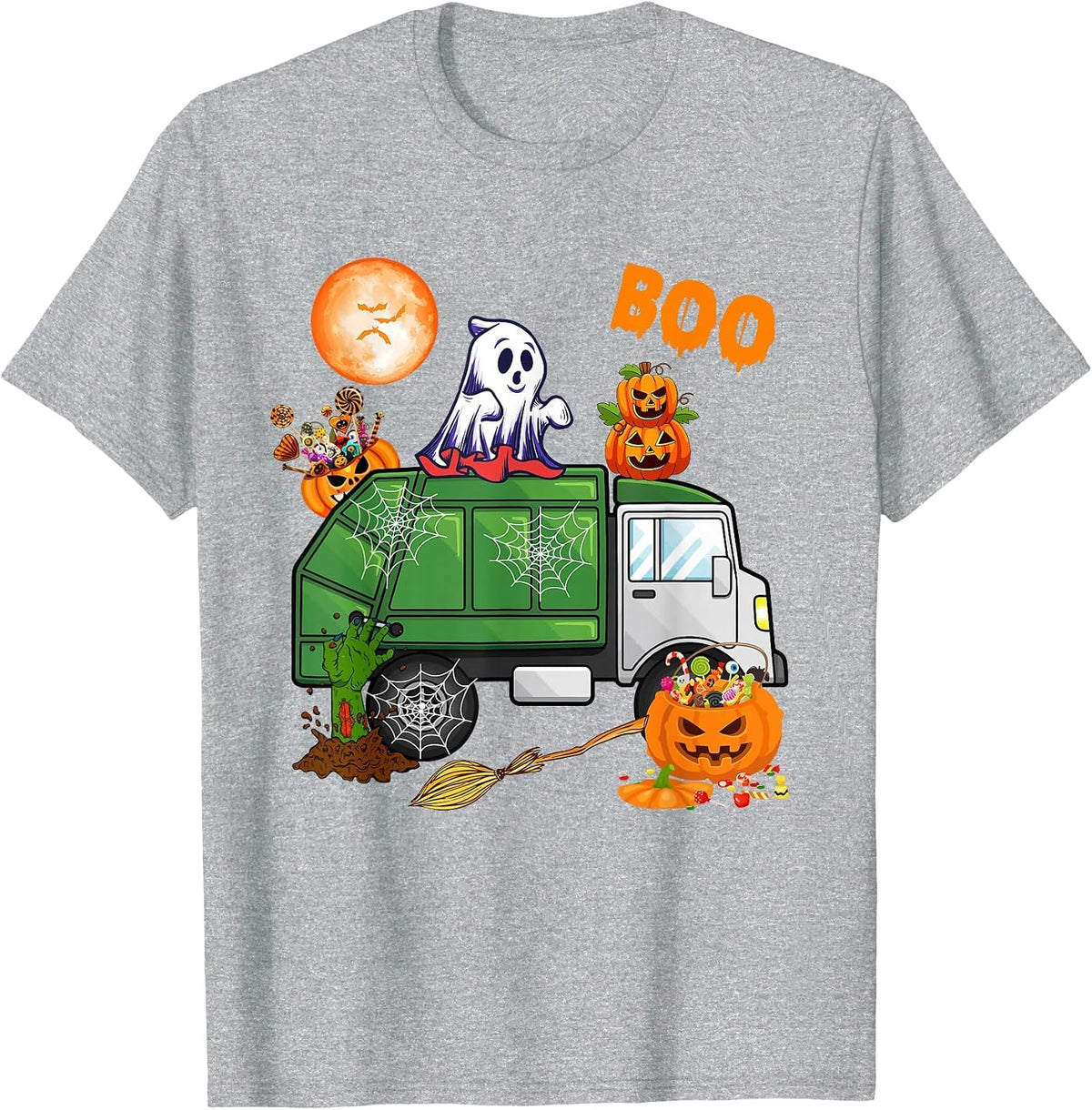 Ghost Driving Garbage Truck with Candy Bag Carved Pumpkin T-Shirt - Heather Grey