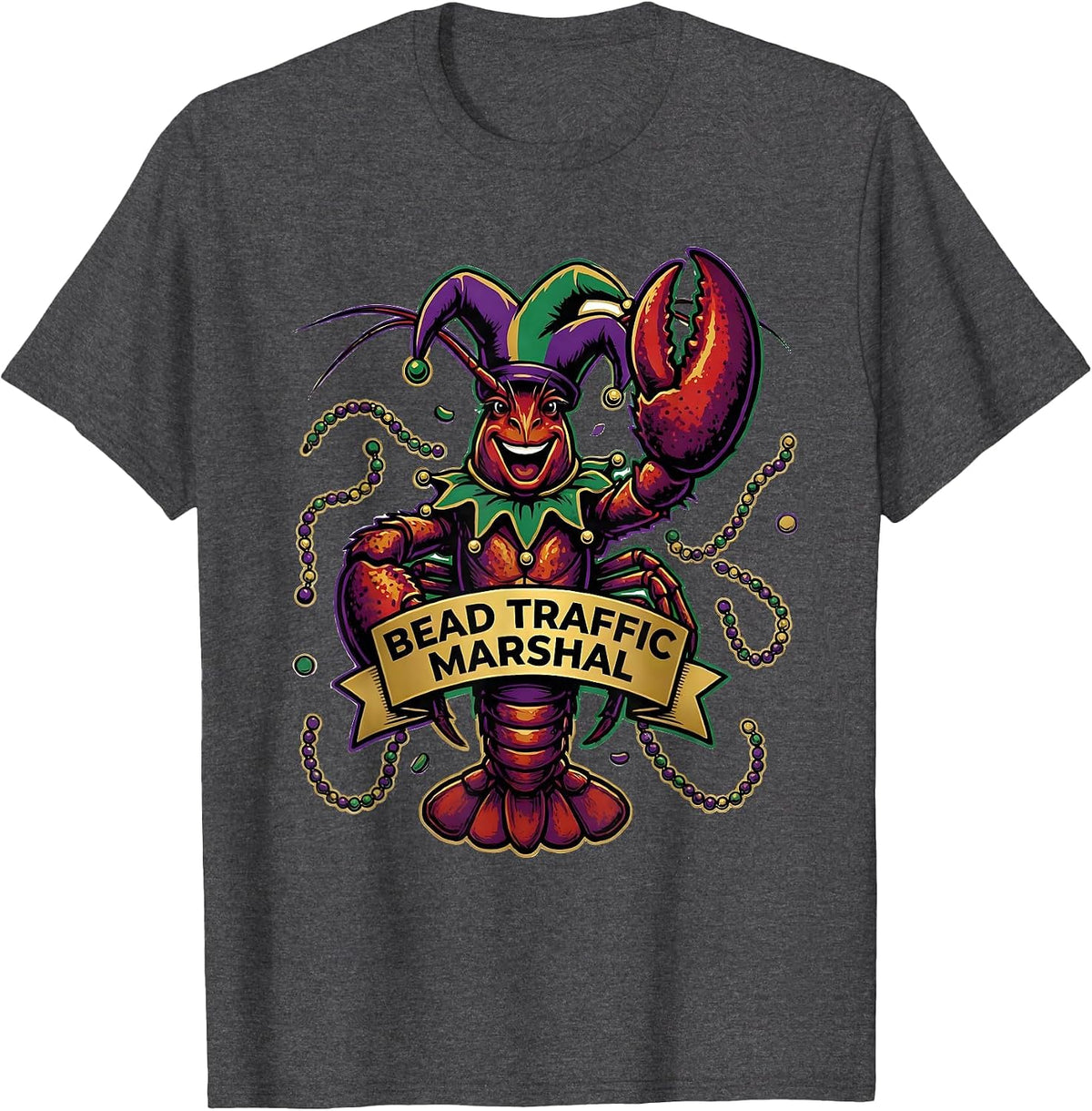 Men's Bead Traffic Marshal Funny Crawfish Jester Mardi Gras Party T-Shirt - Dark Heather Grey