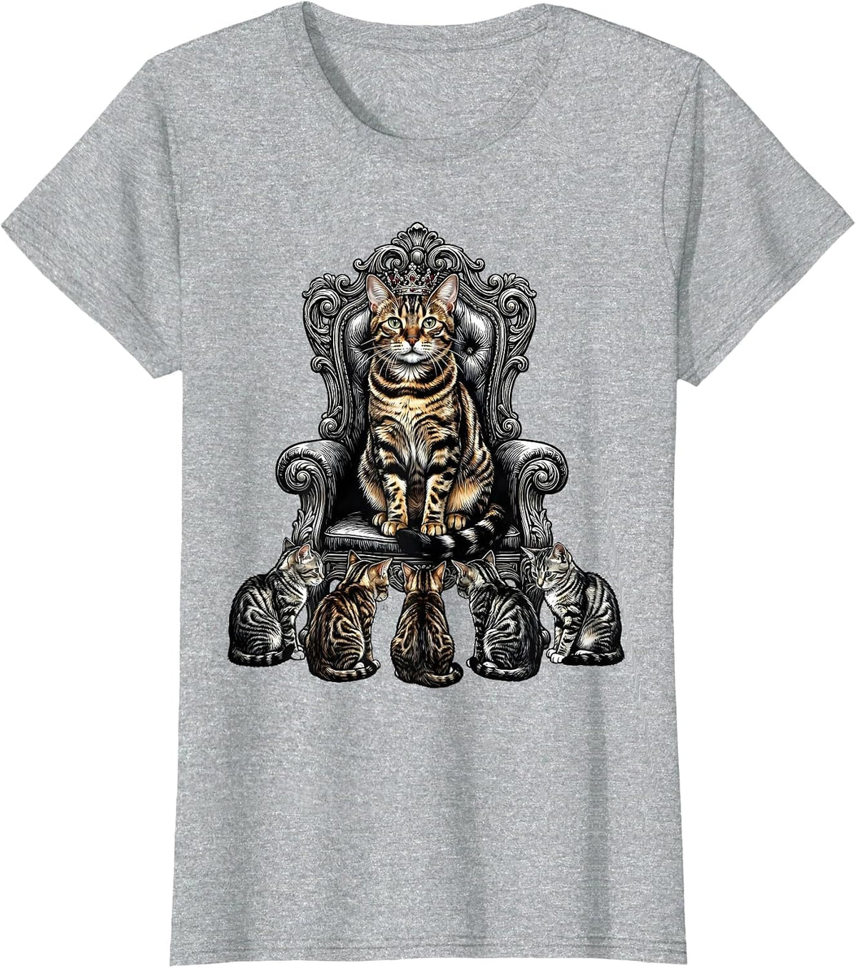 Bengal Cat Royal Crown Loyal Subjects Illustration T-Shirt - Heather Grey