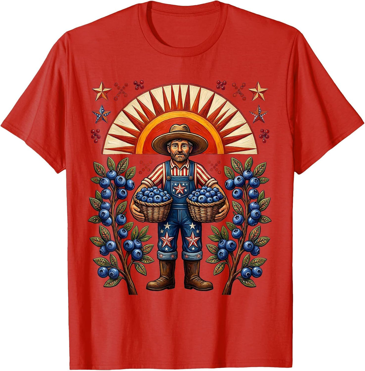 Men's Patriotic Blueberry Harvest Sunrise Farmer Design T-Shirt - Red