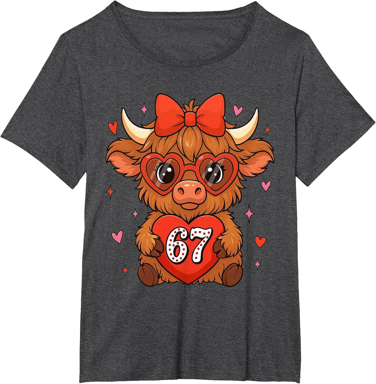 67 Meme Six Seven Cute Valentine Highland Cow Coquette Women T-Shirt - Dark Heather Grey