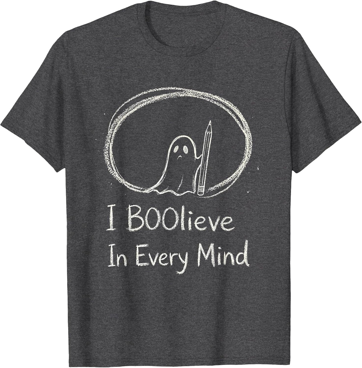 I BOOlieve In Every Mind Funny Teacher Halloween Zombie Pun T-Shirt - Dark Heather Grey