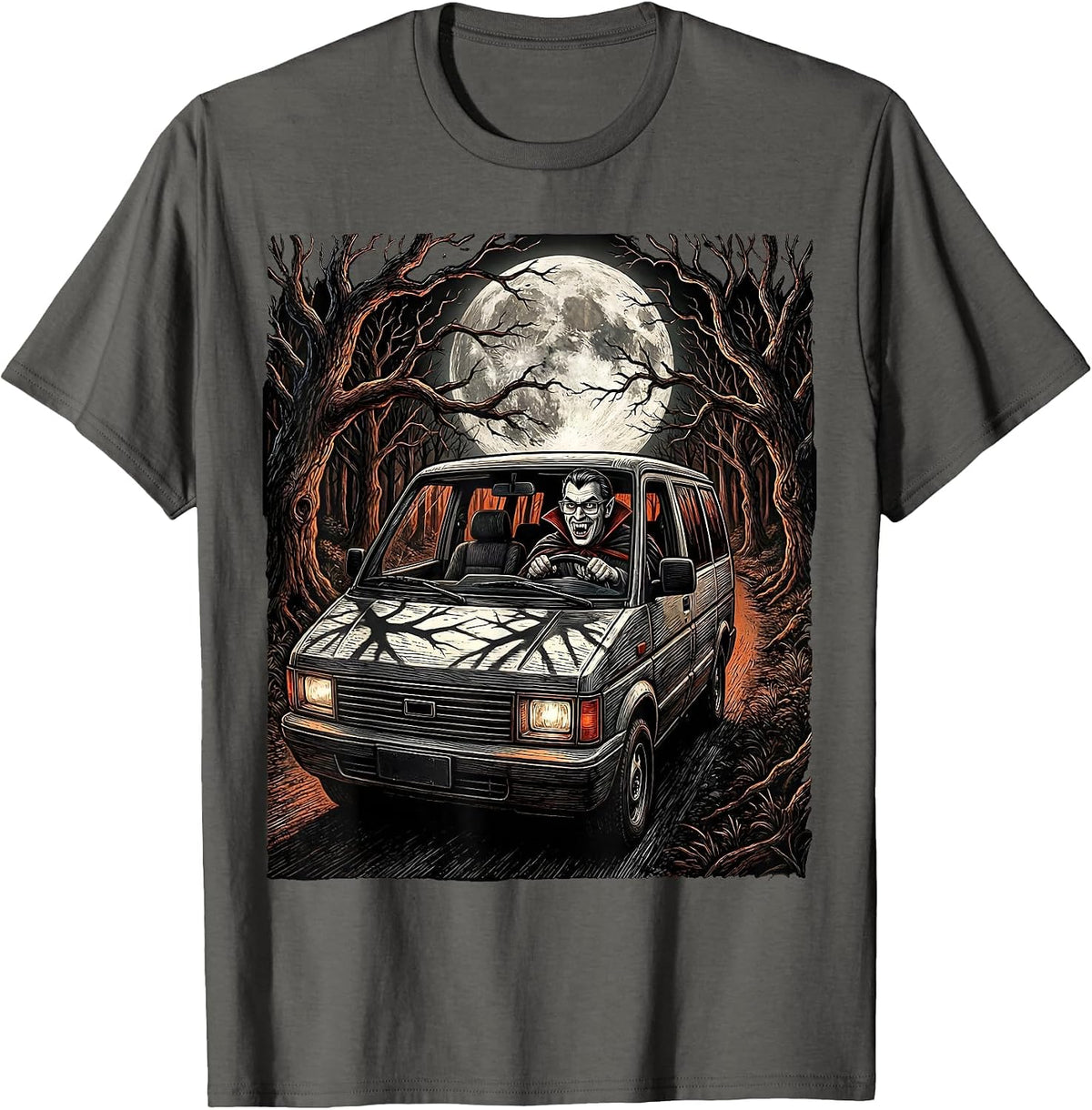 Men's Vampire Dad Haunted Minivan Halloween Design T-Shirt - Asphalt Grey