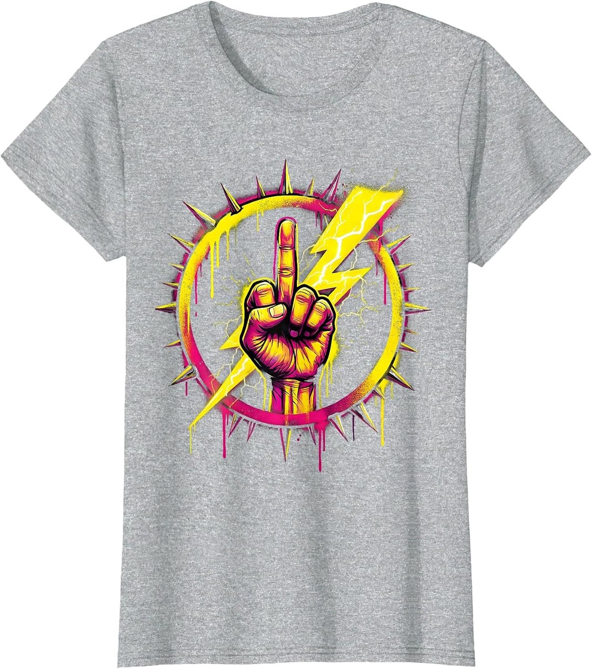 Women's Middle Finger Lightning Bolt Graphic Design T-Shirt - Heather Grey
