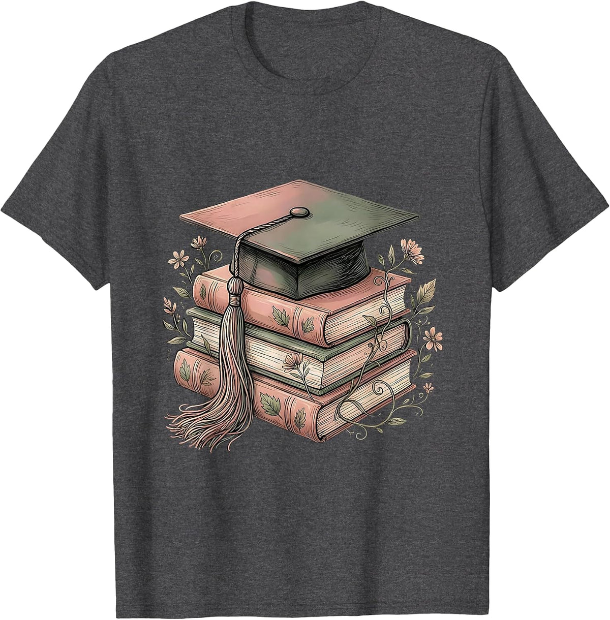 Men's Elementary Teacher Graduation Cap and Books Design T-Shirt - Dark Heather Grey