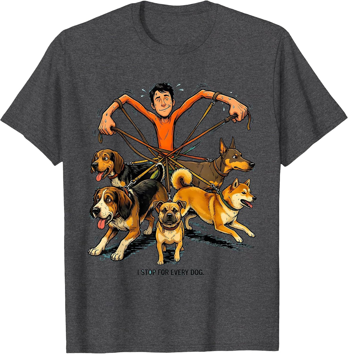 Men's I Stop For Every Dog Funny Dog Lover Cartoon Humor T-Shirt - Dark Heather Grey