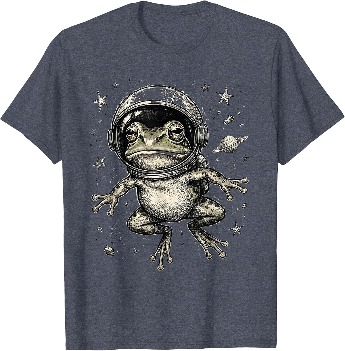 Space Frog Astronaut Helmet Floating in Galaxy T-Shirt - Heather Blue