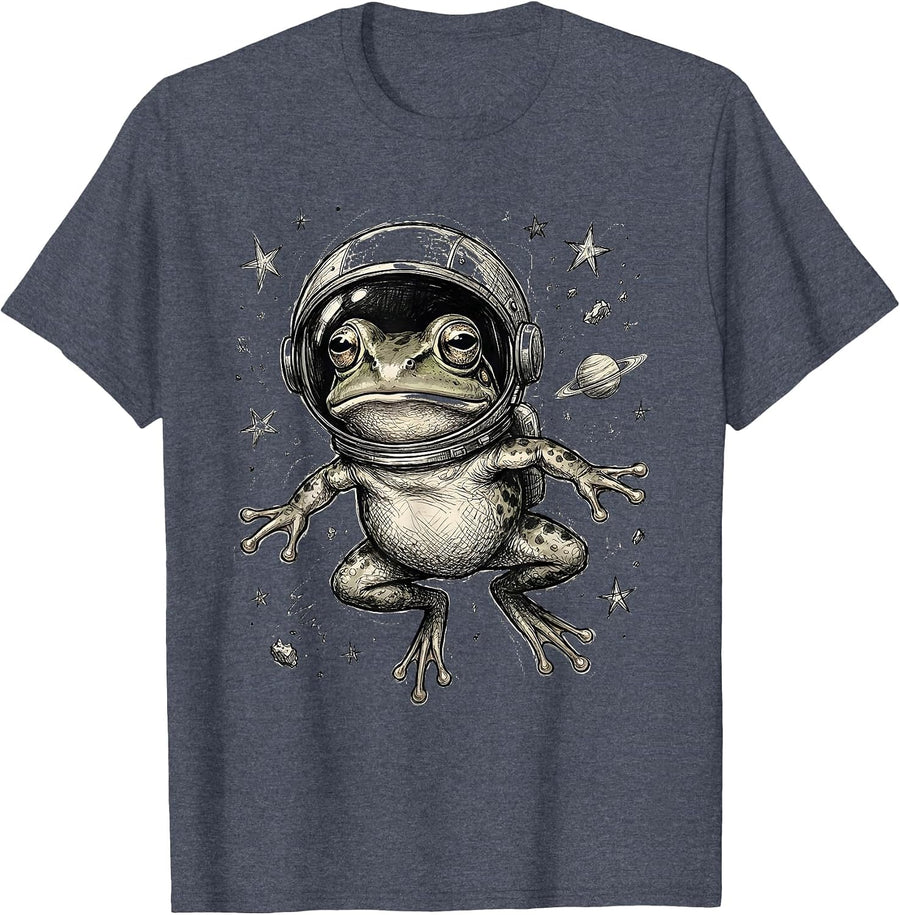 Space Frog Astronaut Helmet Floating in Galaxy T-Shirt - Heather Blue