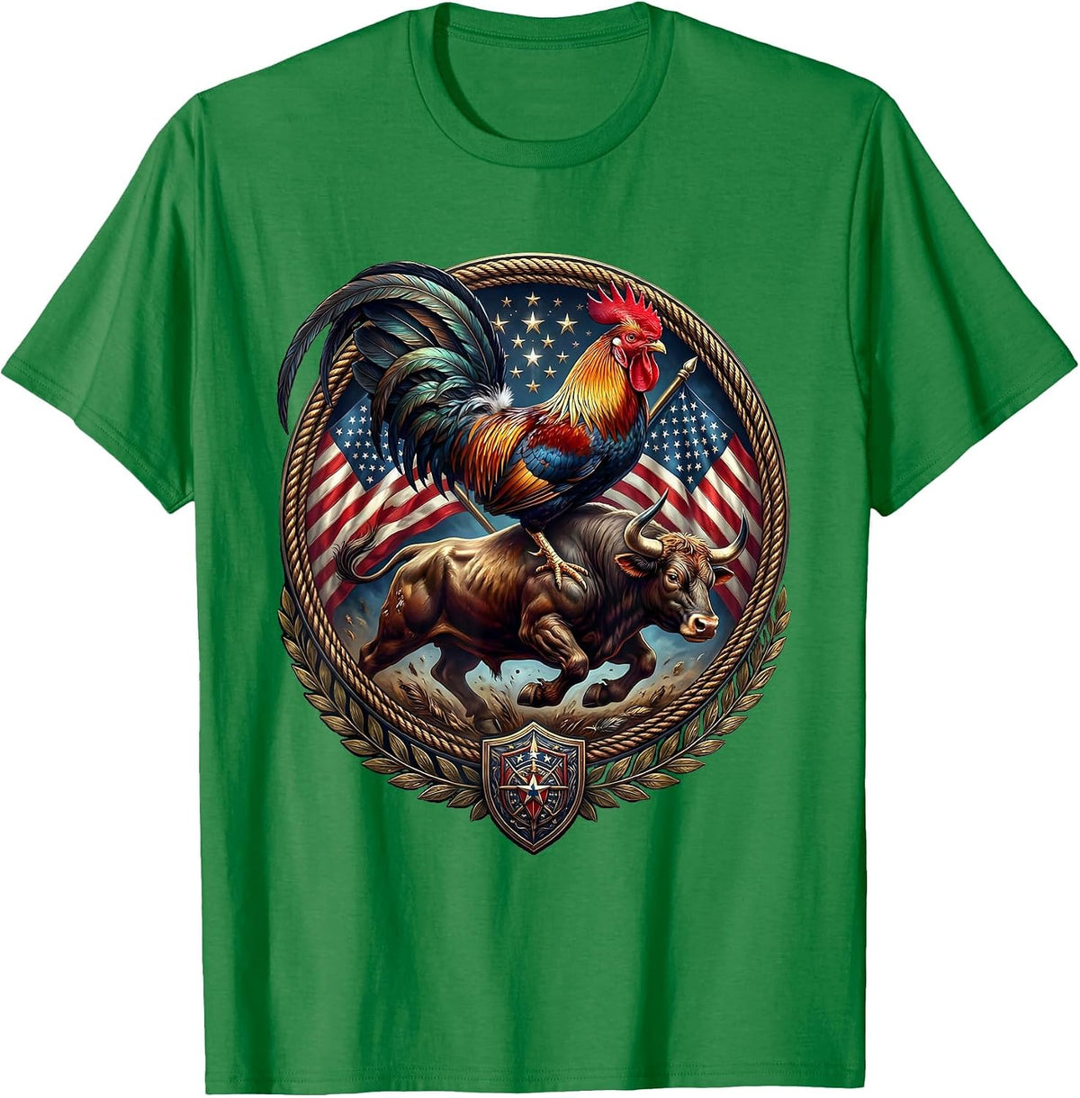 Men's Rooster Riding a Bull Wild West Rodeo Graphic T-Shirt - Kelly Green