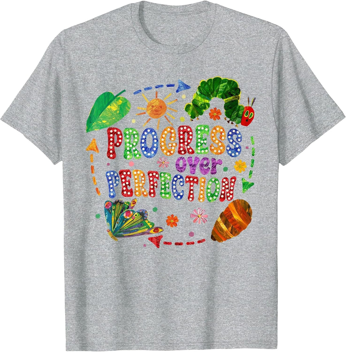 Progress Over Perfection Caterpillar Back to School Teachers T-Shirt - Heather Grey