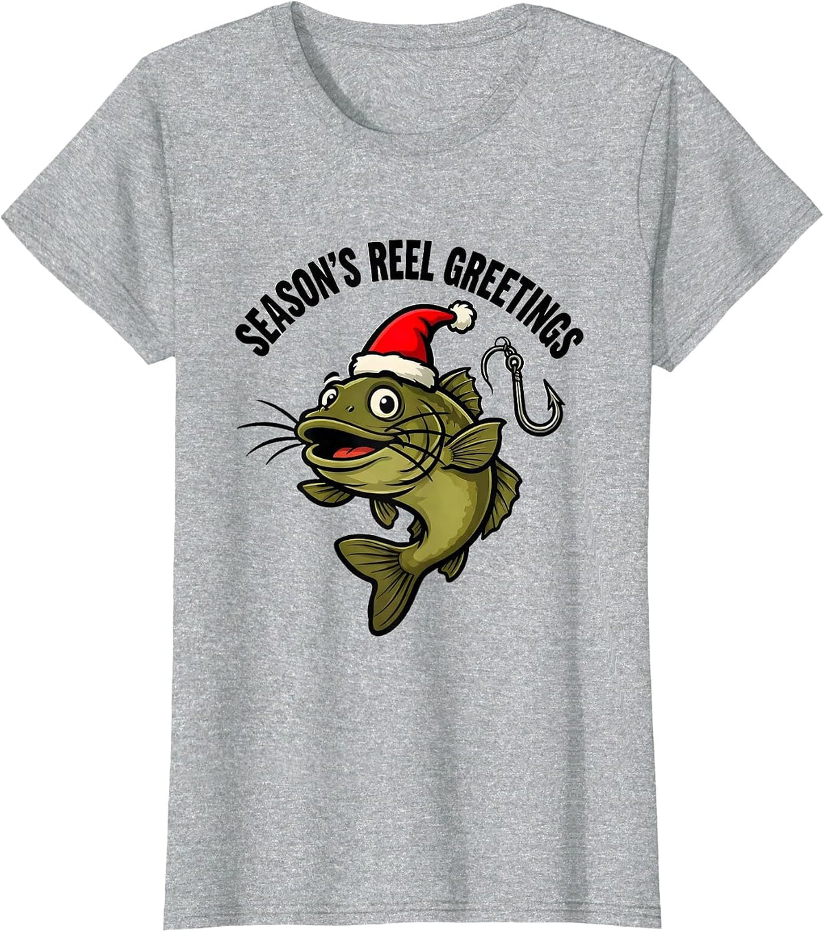 Season's Reel Greetings Cartoon Fishing Christmas Funny T-Shirt - Heather Grey