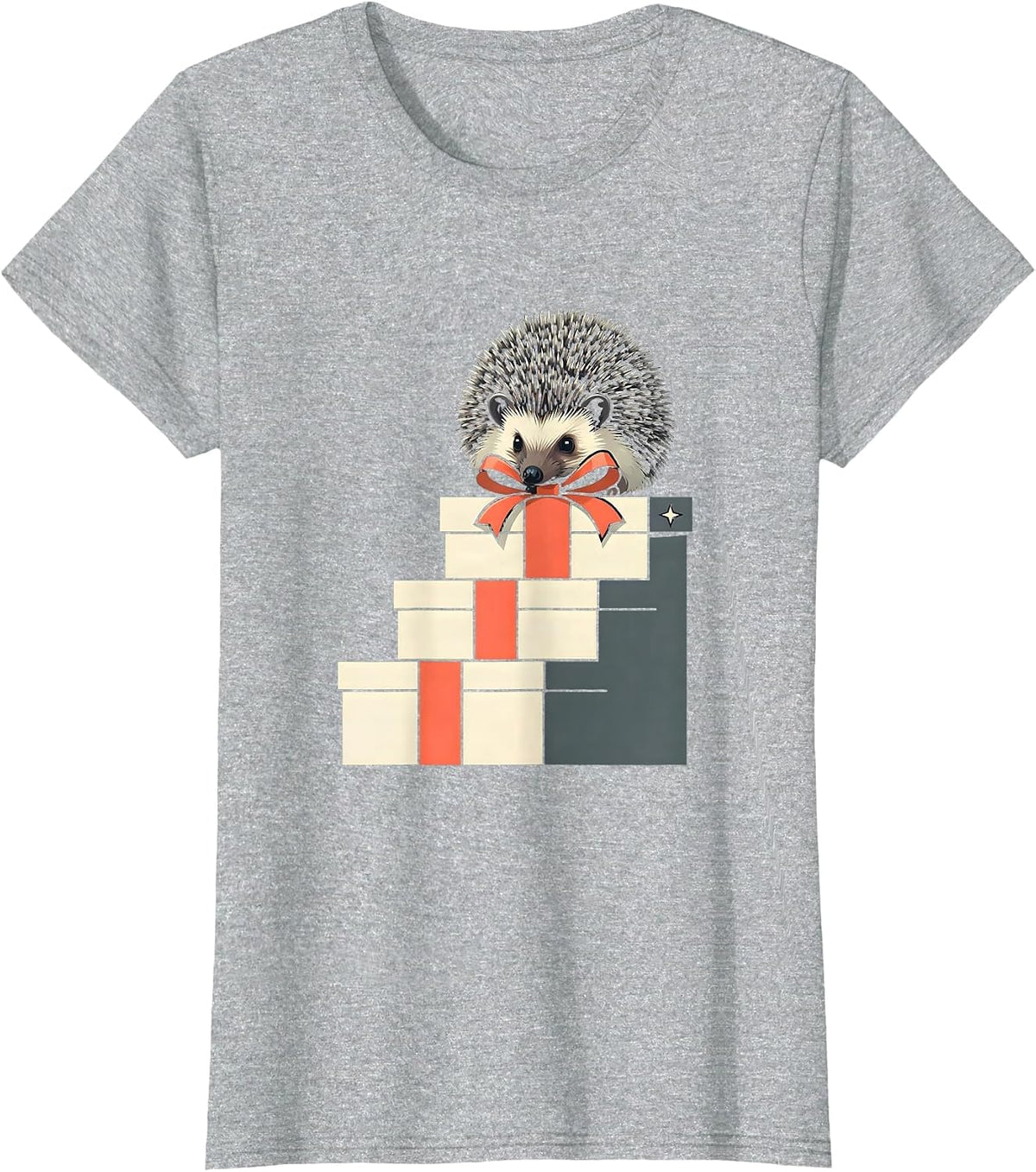 Women's Hedgehog Curled Gift Boxes Cute Christmas Novelty T-Shirt - Heather Grey