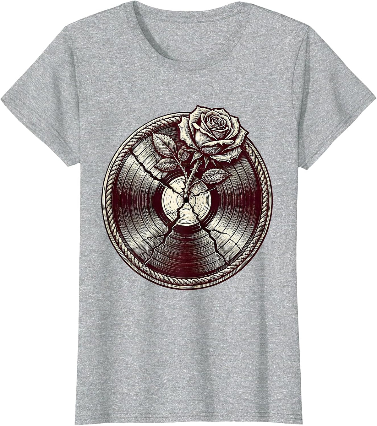 Rose Through Cracked Vinyl Record Rock Art T-Shirt - Heather Grey
