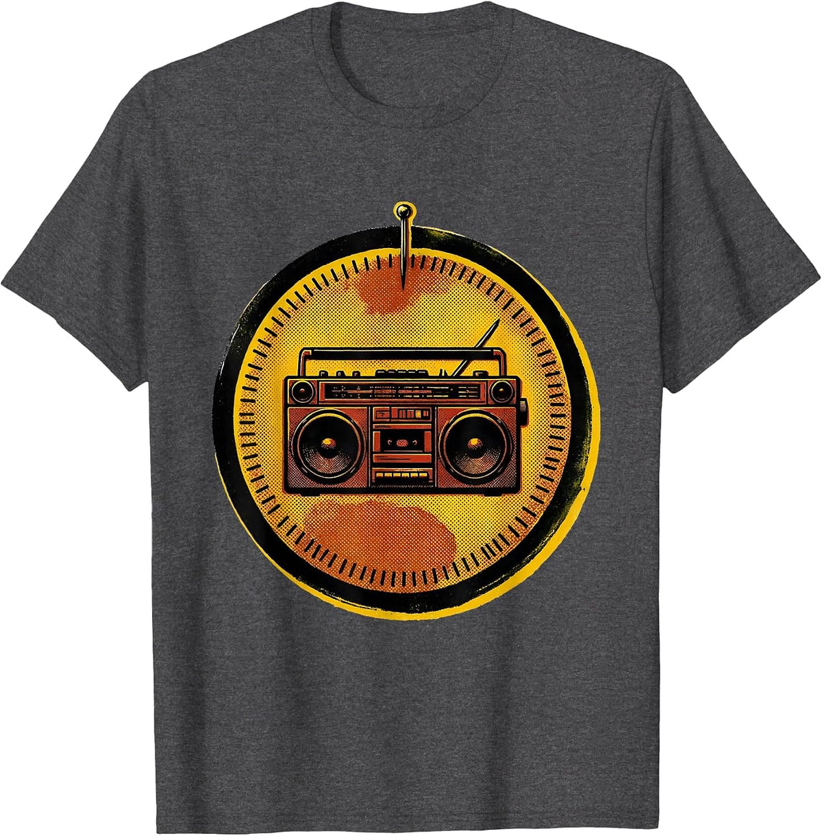 Men's Sealed Badge Boombox Retro Old School Hip Hop T-Shirt - Dark Heather Grey