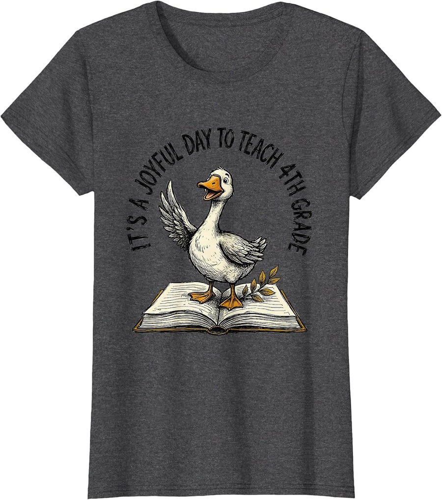 Women's It's A Joyful Day To Teach 4th Grade Funny Teacher Back T-Shirt - Dark Heather Grey