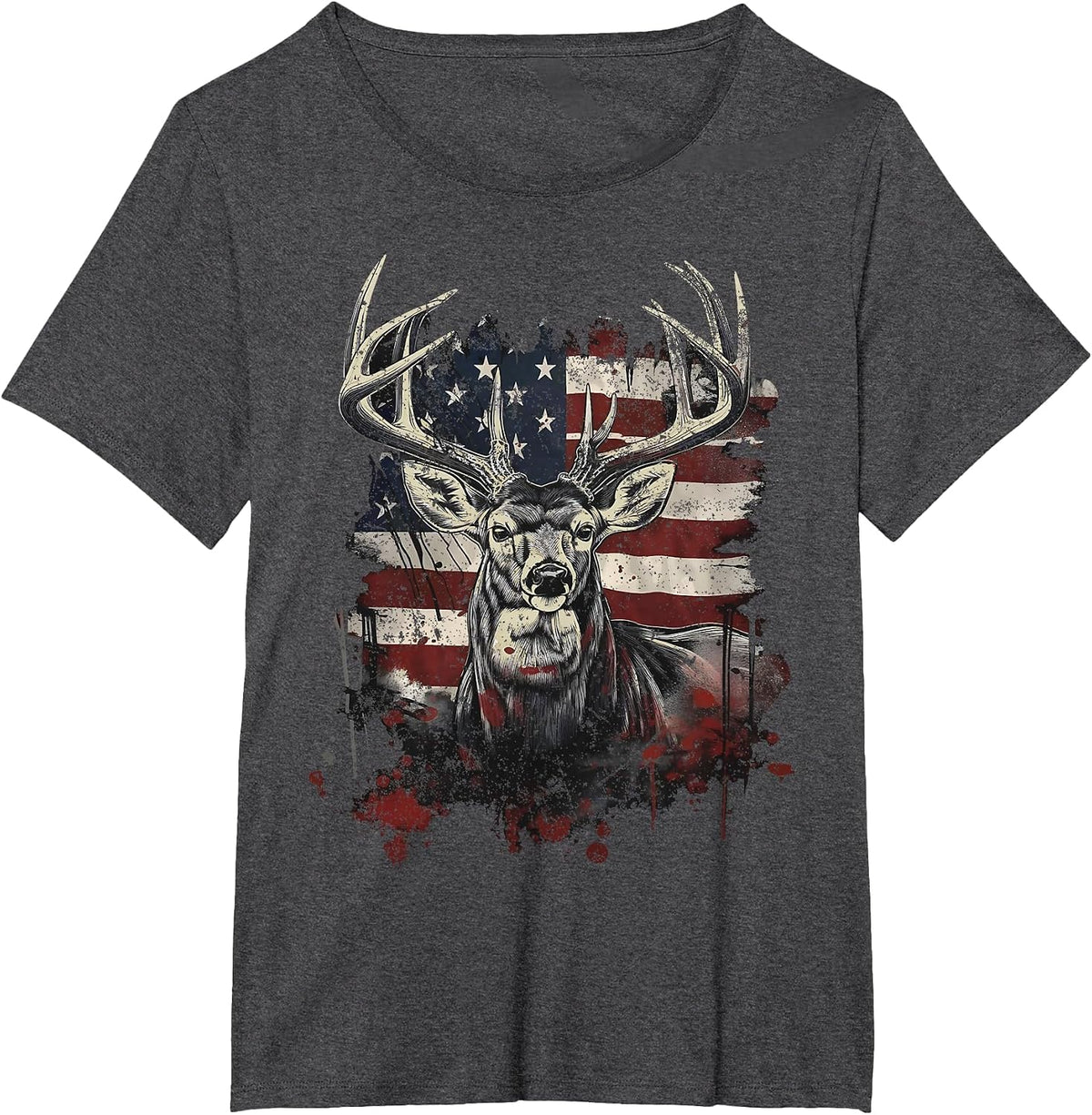 Buck White Tail Deer Hunting Hunter Distressed American Flag T-Shirt - Dark Heather Grey