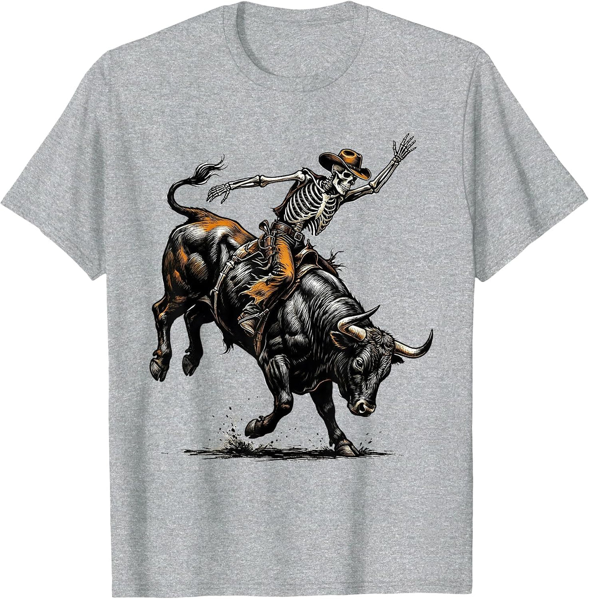 Men's Skeleton Cowboy Riding Bucking Bull Rodeo Art T-Shirt - Heather Grey