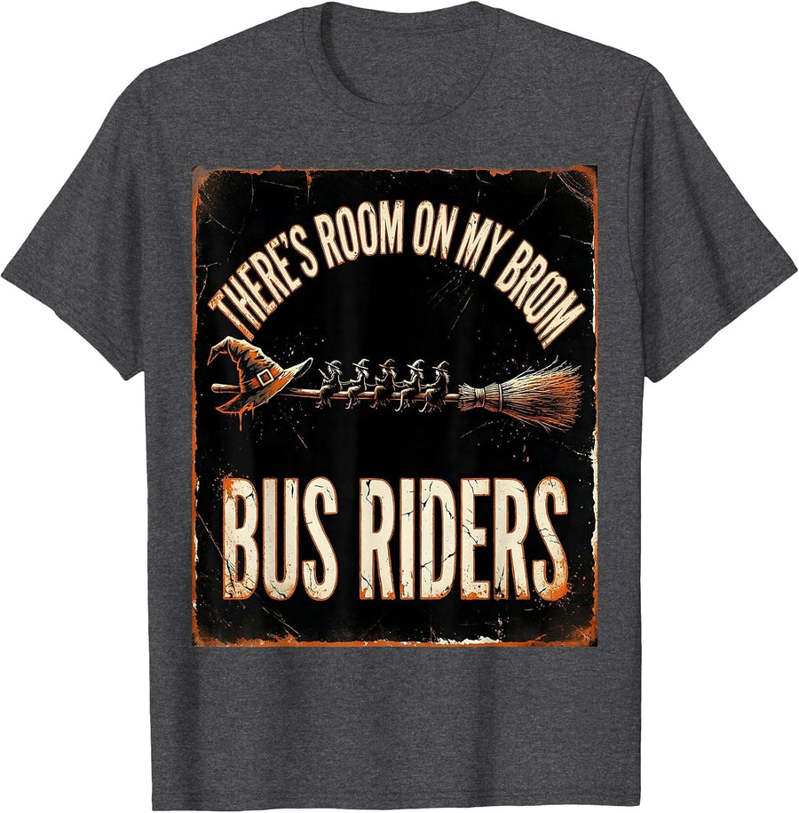 Men's There's Room On My Broom Bus Riders Distressed Halloween T-Shirt - Dark Heather Grey