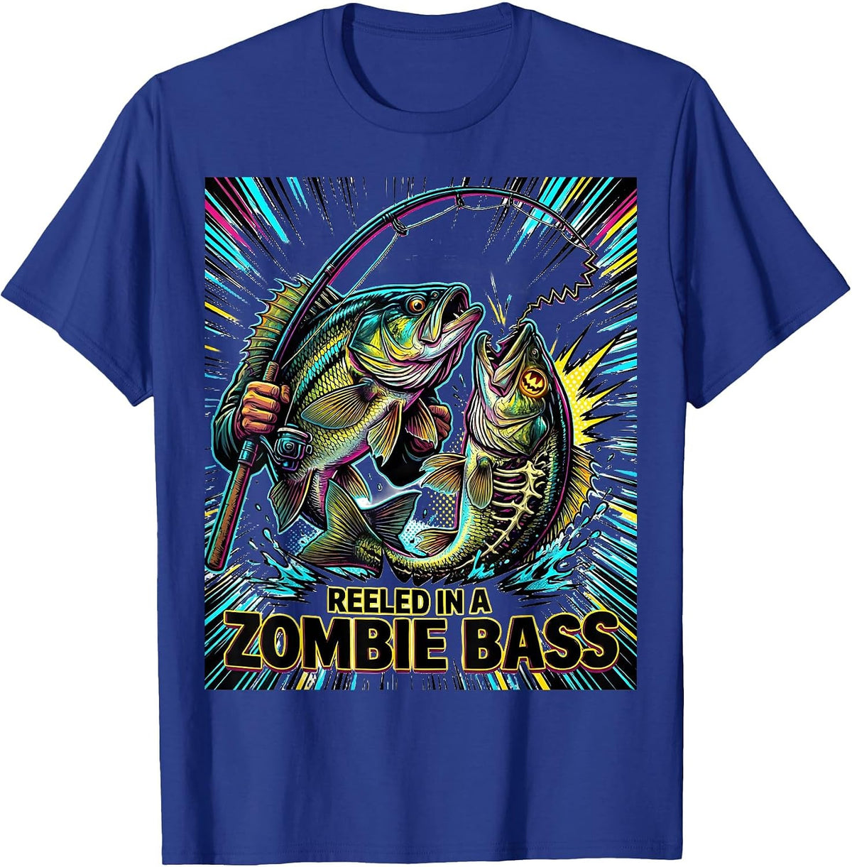 Reeled In A Zombie Bass Pop Art Halloween Fishing Men Boys T-Shirt - Royal Blue