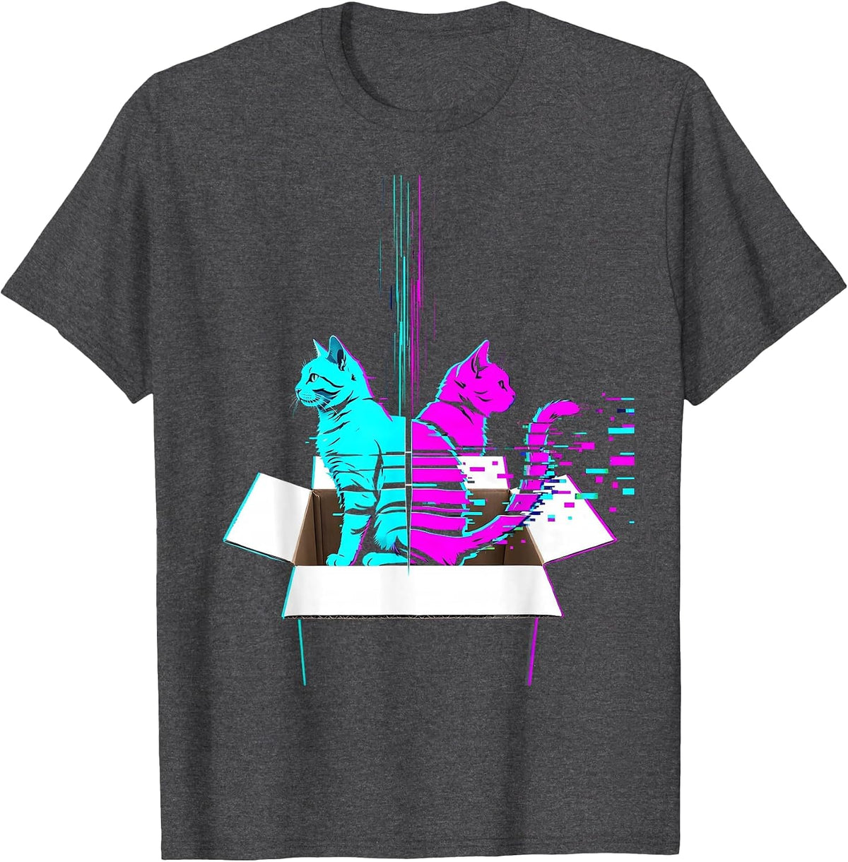 Glitchy Cat Data Strip Quantum Physics Humor T-Shirt - Dark Heather Grey