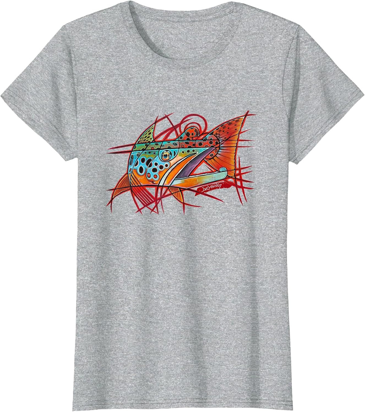 Cubist Brown Trout Fishing T-Shirt Derek Deyoung - Heather Grey