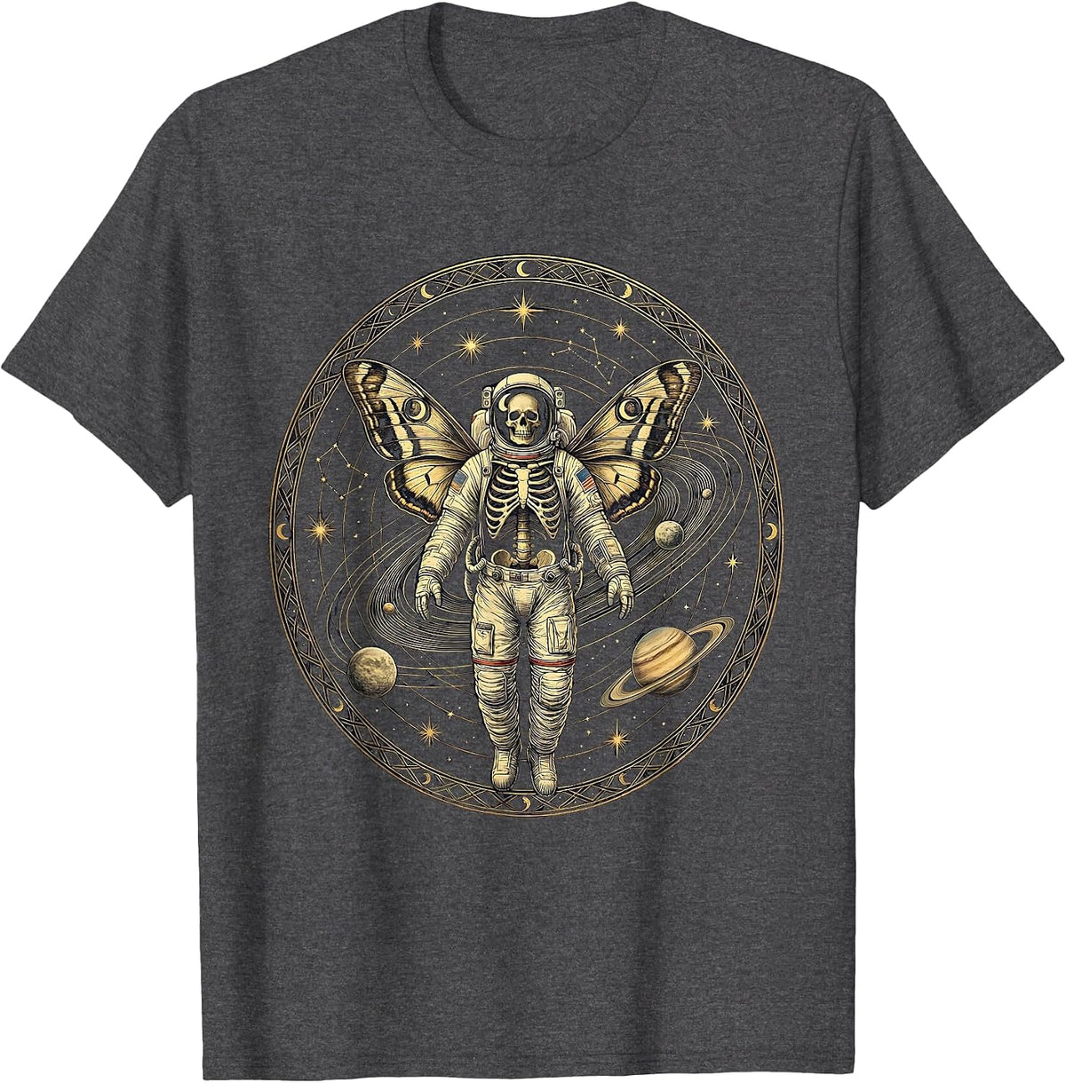 Skeleton Astronaut Floating in Space Illustration T-Shirt - Dark Heather Grey