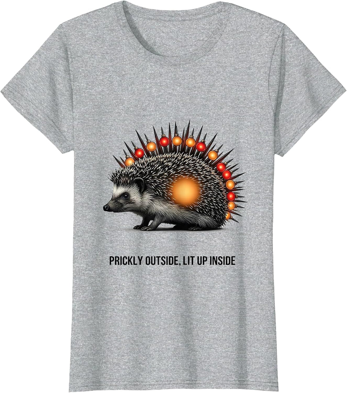Women's Prickly Outside, Lit Up Inside Cute Hedgehog Christmas T-Shirt - Heather Grey