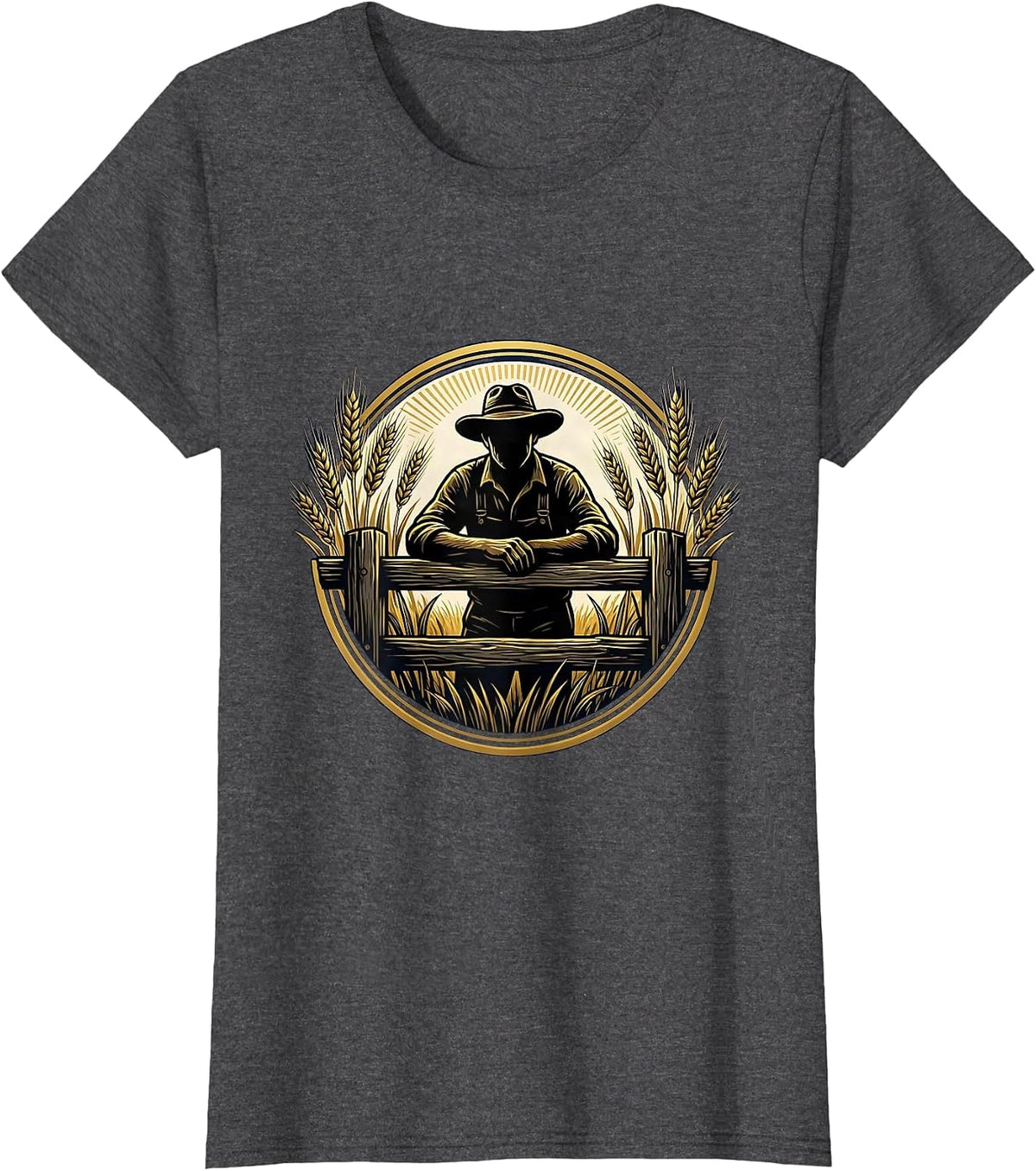 Women's Country Farmer Leaning on Fence Post Graphic T-Shirt - Dark Heather Grey