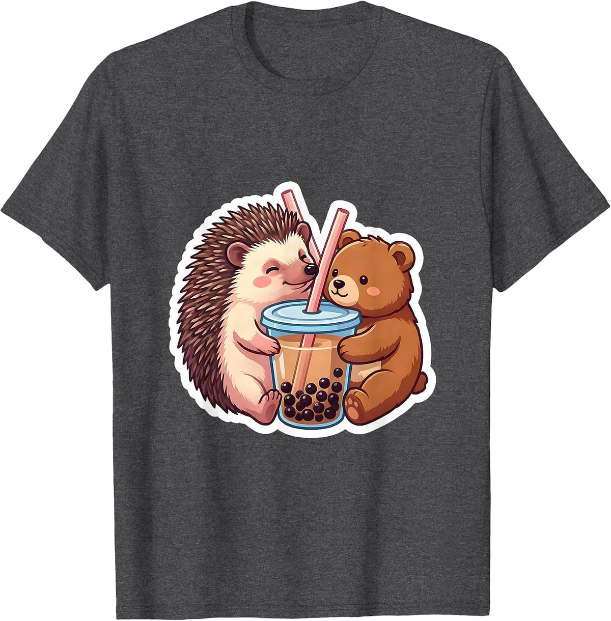 Hedgehog and Bear Boba Tea Kawaii Anime Girls Cute T-Shirt - Dark Heather Grey