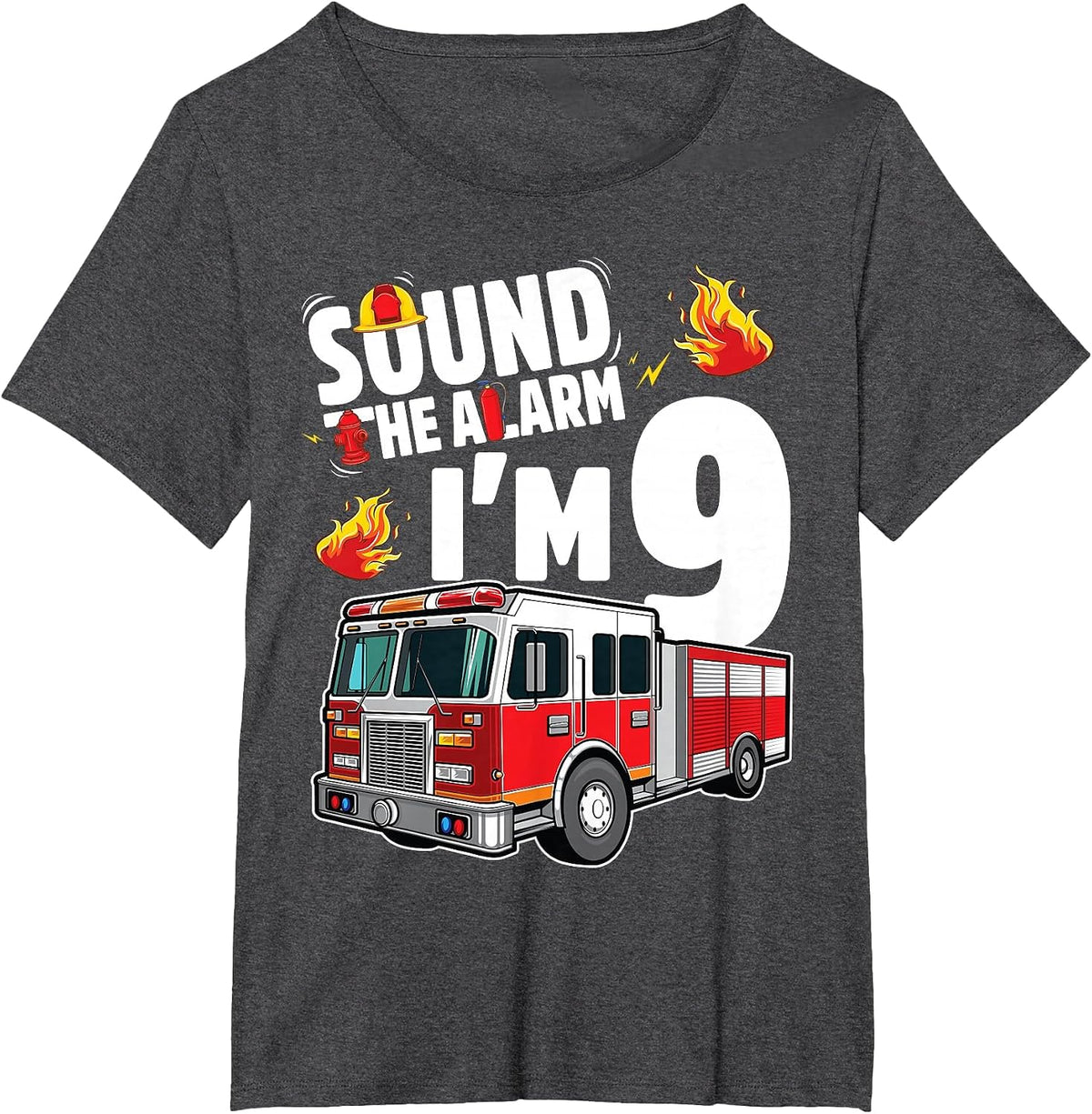 Fire Truck 9th Birthday Boy Firefighter 9 Year Old T-Shirt - Dark Heather Grey