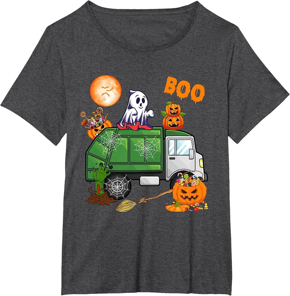 Ghost Driving Garbage Truck with Candy Bag Carved Pumpkin T-Shirt - Dark Heather Grey
