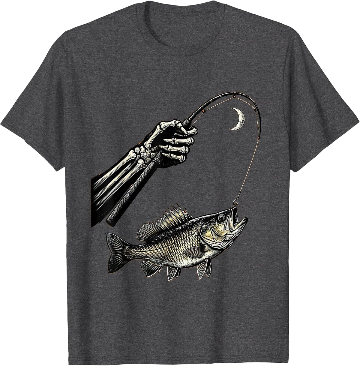 Men's Skeletal Forearm Fishing Halloween Spooky Angler Humor T-Shirt - Dark Heather Grey