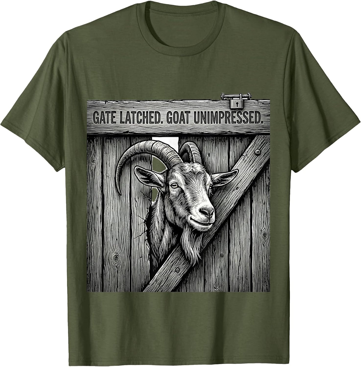 Men's Gate Latched Goat Unimpressed Funny Goat Lover Farmer Humor T-Shirt - Olive Green