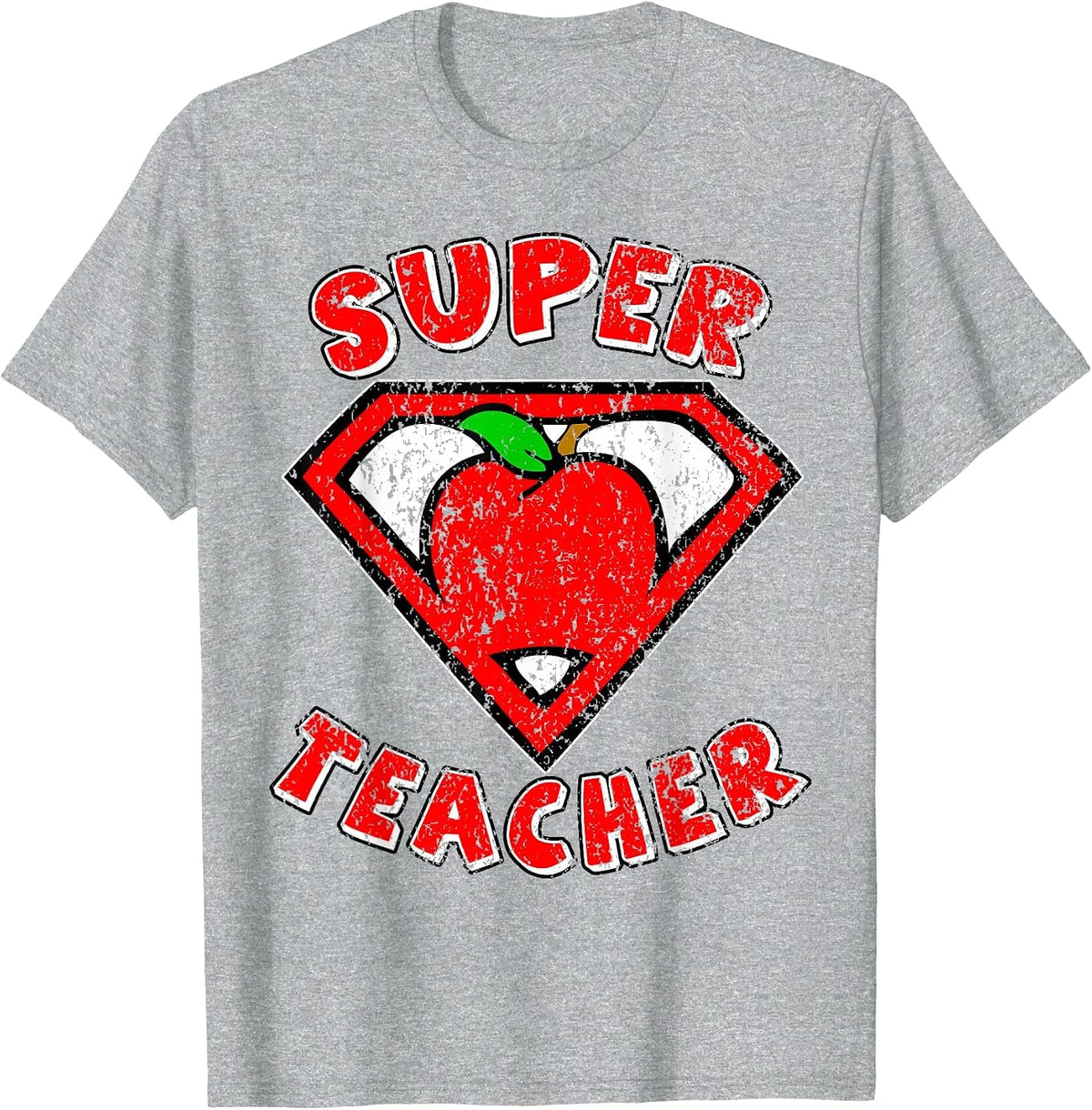 Funny Cute Distressed Super Teacher Superhero Apple Shirt T-Shirt - Heather Grey