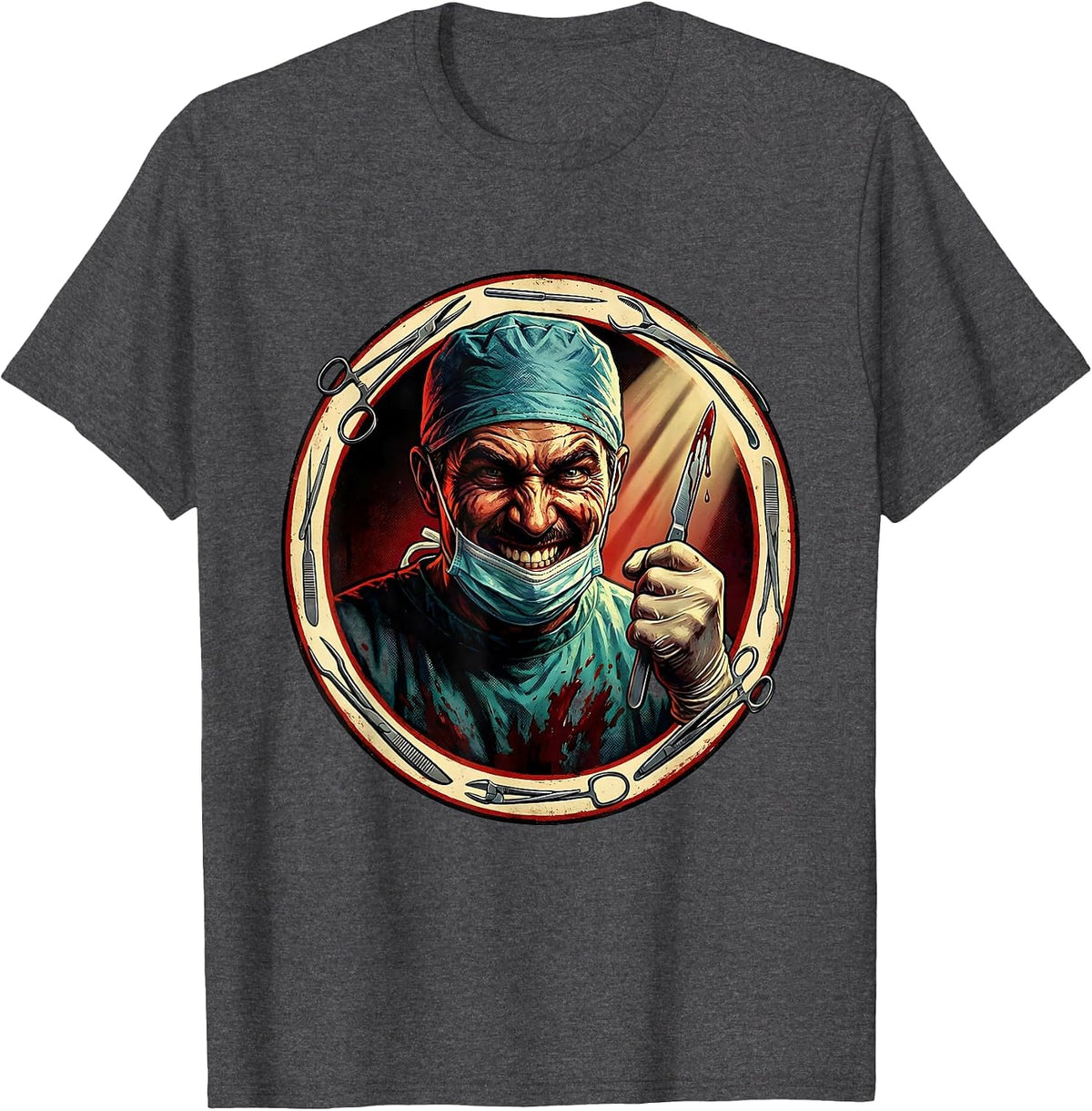 Men's Grinning Surgeon Bloody Scalpel Graphic Design T-Shirt - Dark Heather Grey