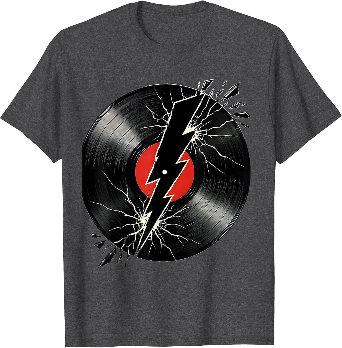 Men's Cracked Vinyl Record Lightning Bolt Rock Music T-Shirt - Dark Heather Grey